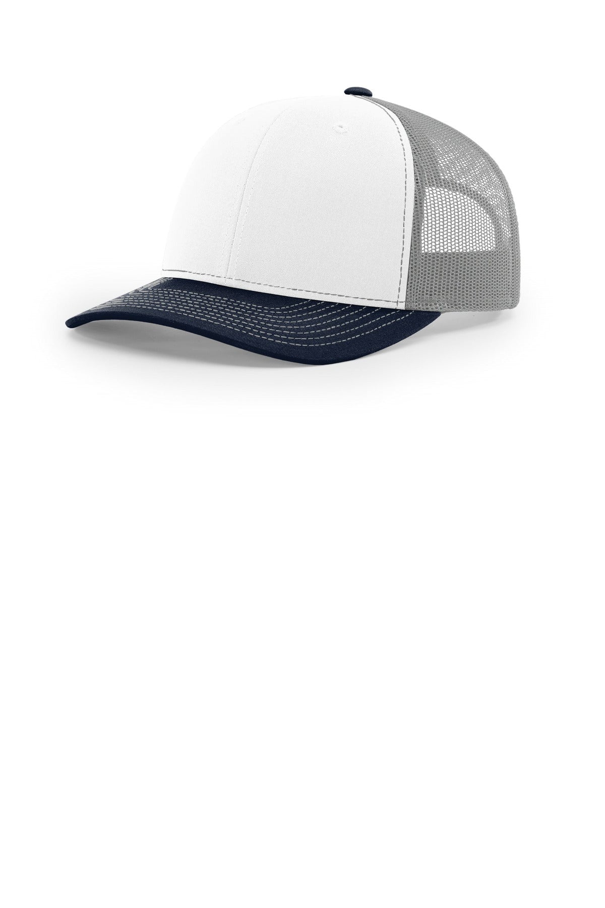 Custom White/ Aluminum/ Navy Trucker Cap 112, personalized by SanCanDo Swag in Argyle, TX