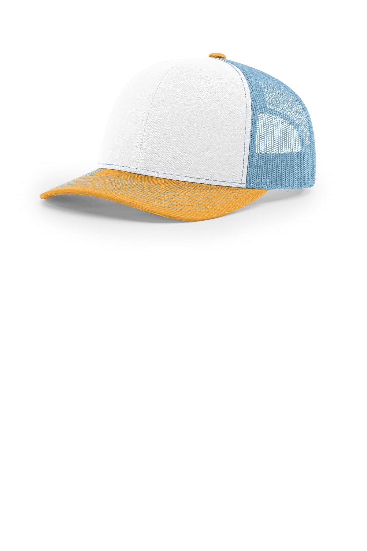 Custom White/ Columbia Blue/ Yellow Trucker Cap 112, personalized by SanCanDo Swag in Argyle, TX