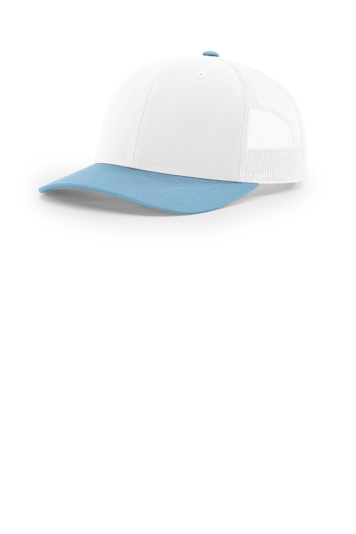 Custom White/ White/ Columbia Blue Trucker Cap 112, personalized by SanCanDo Swag in Argyle, TX