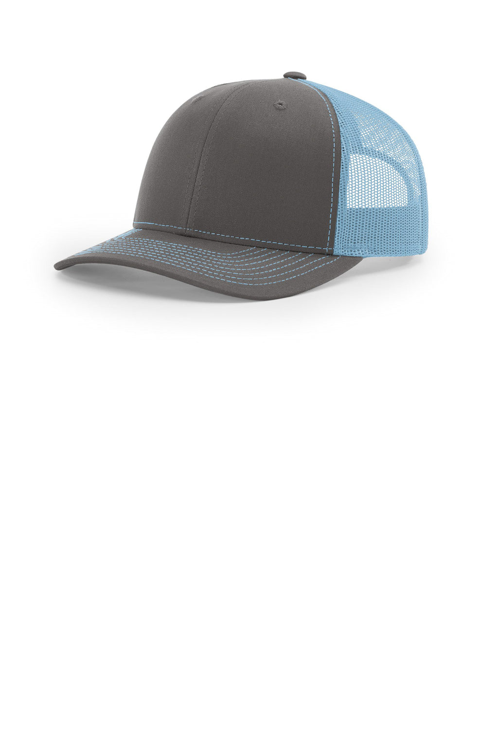 Custom Charcoal/ Columbia Blue Trucker Cap 112, personalized by SanCanDo Swag in Argyle, TX