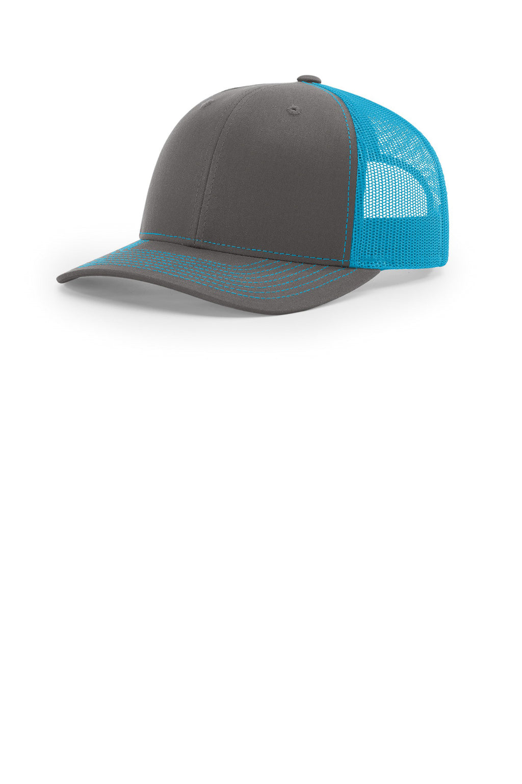 Custom Charcoal/ Neon Blue Trucker Cap 112, personalized by SanCanDo Swag in Argyle, TX