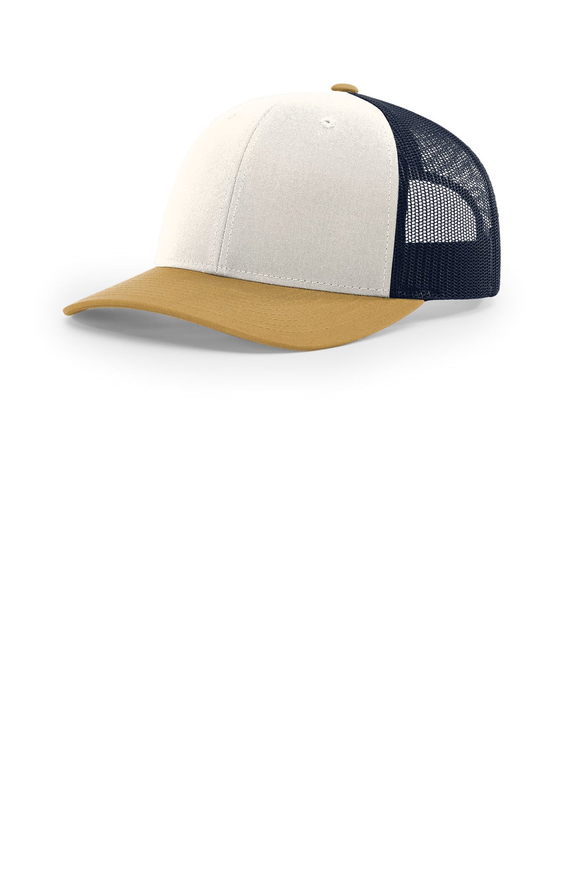 Custom Cream/ Navy/ Amber Gold Trucker Cap 112, personalized by SanCanDo Swag in Argyle, TX