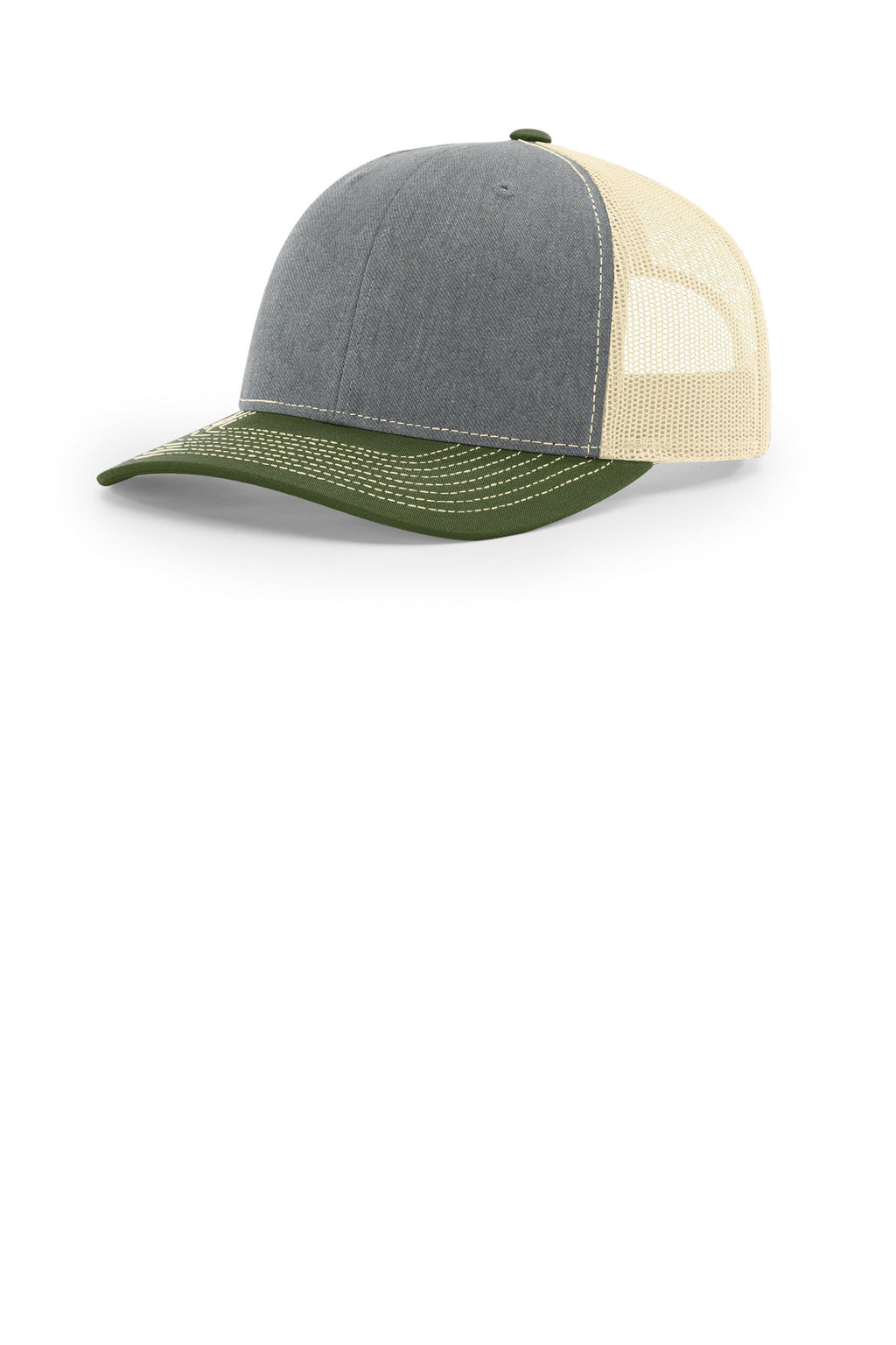 Custom Heather Grey/ Birch/ Army Olive Trucker Cap 112, personalized by SanCanDo Swag in Argyle, TX