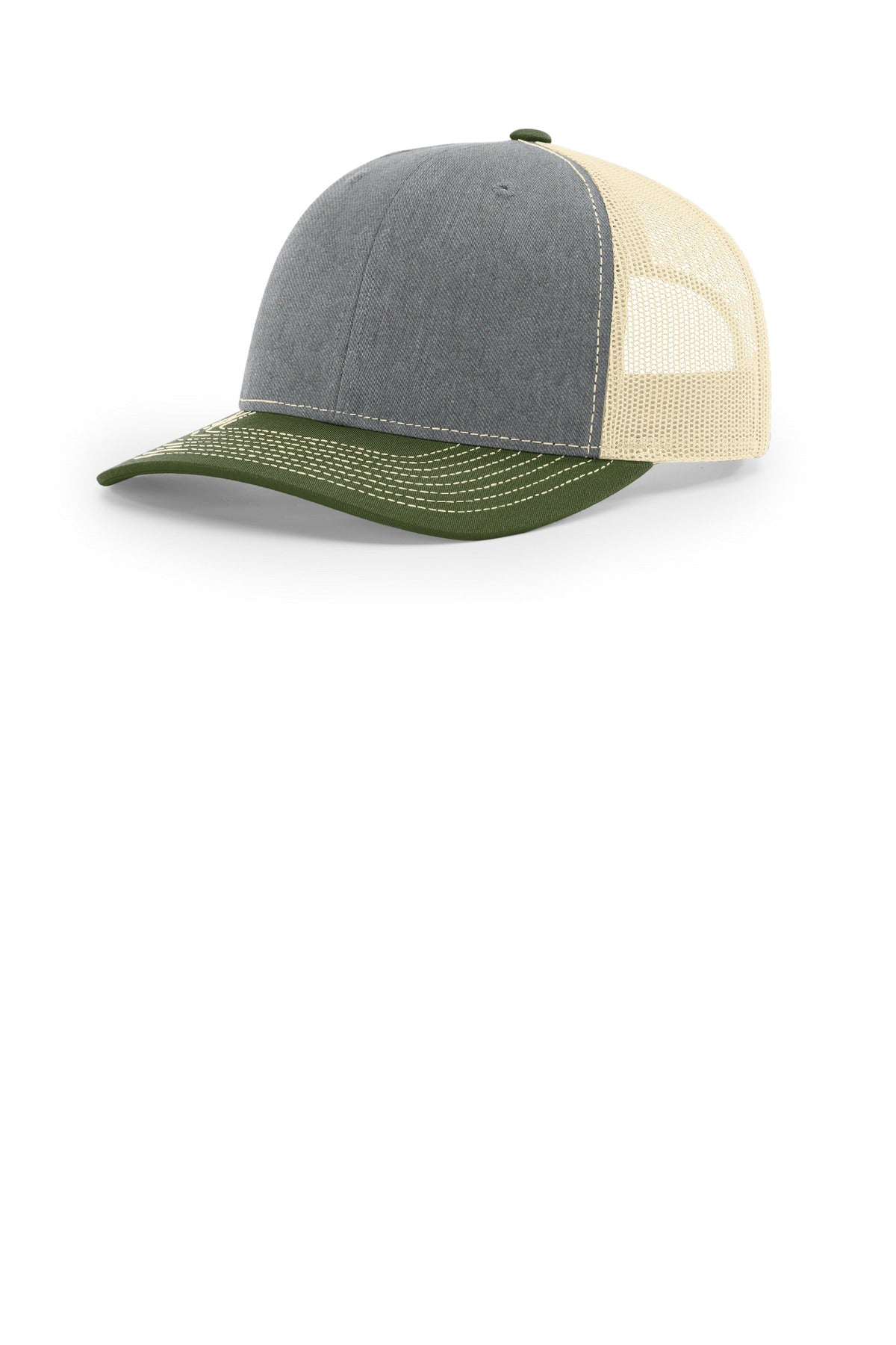 Custom Heather Grey/ Birch/ Army Olive Trucker Cap 112, personalized by SanCanDo Swag in Argyle, TX