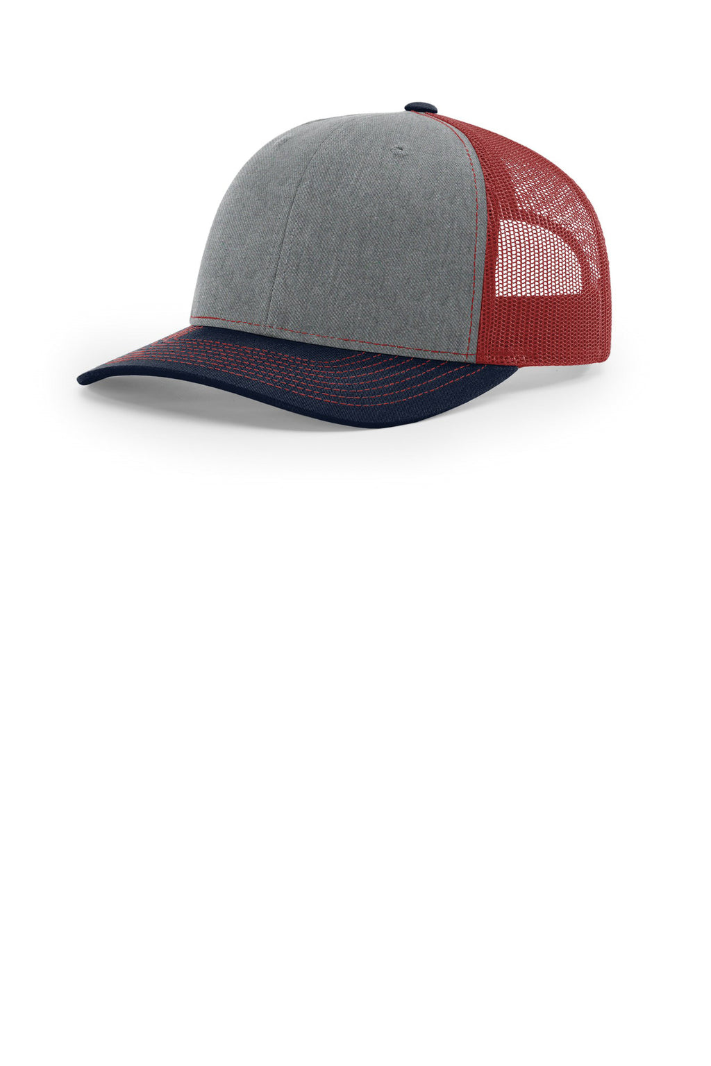 Custom Heather Grey/ Cardinal/ Navy Trucker Cap 112, personalized by SanCanDo Swag in Argyle, TX
