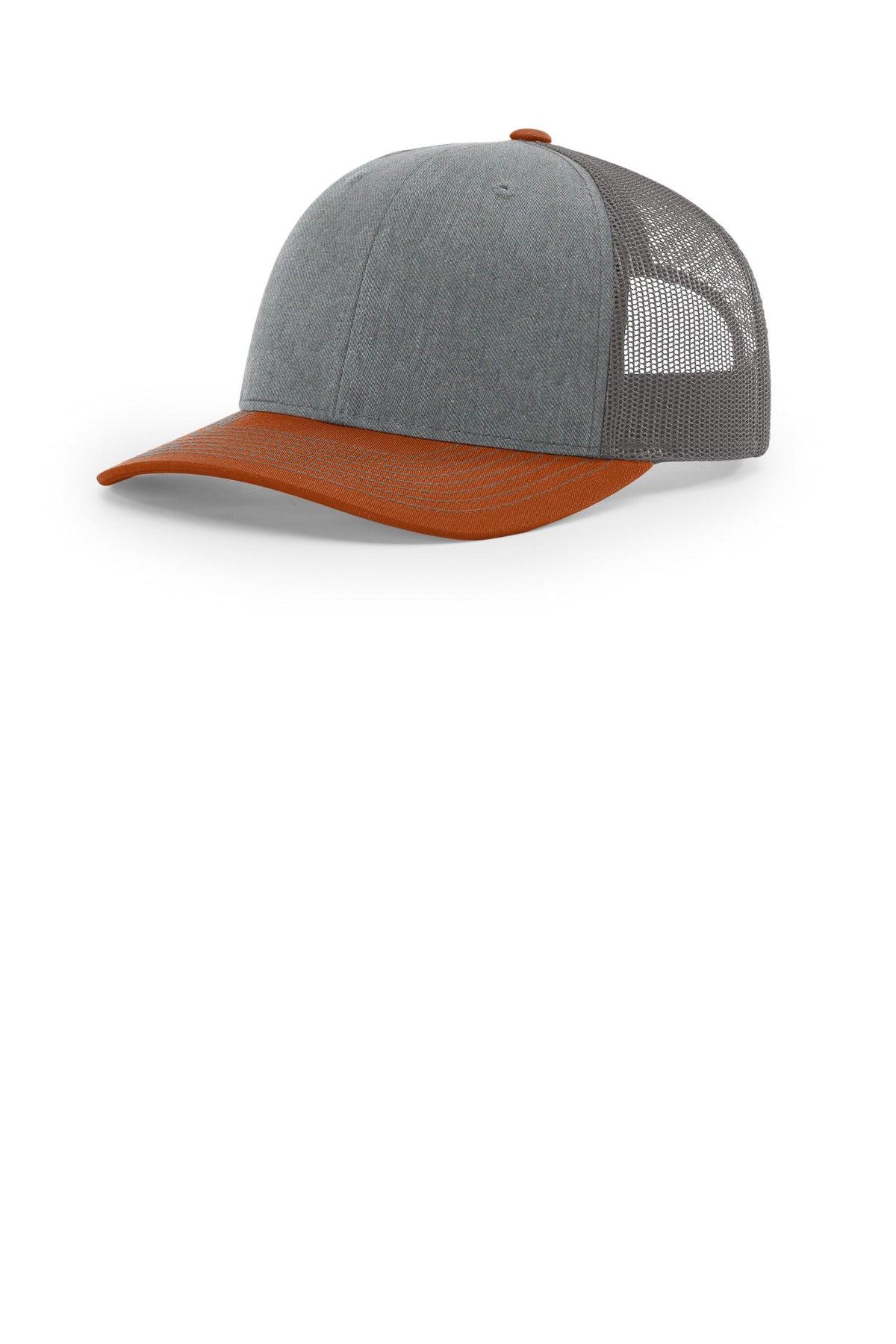 Custom Heather Grey/ Charcoal/ Dark Orange Trucker Cap 112, personalized by SanCanDo Swag in Argyle, TX
