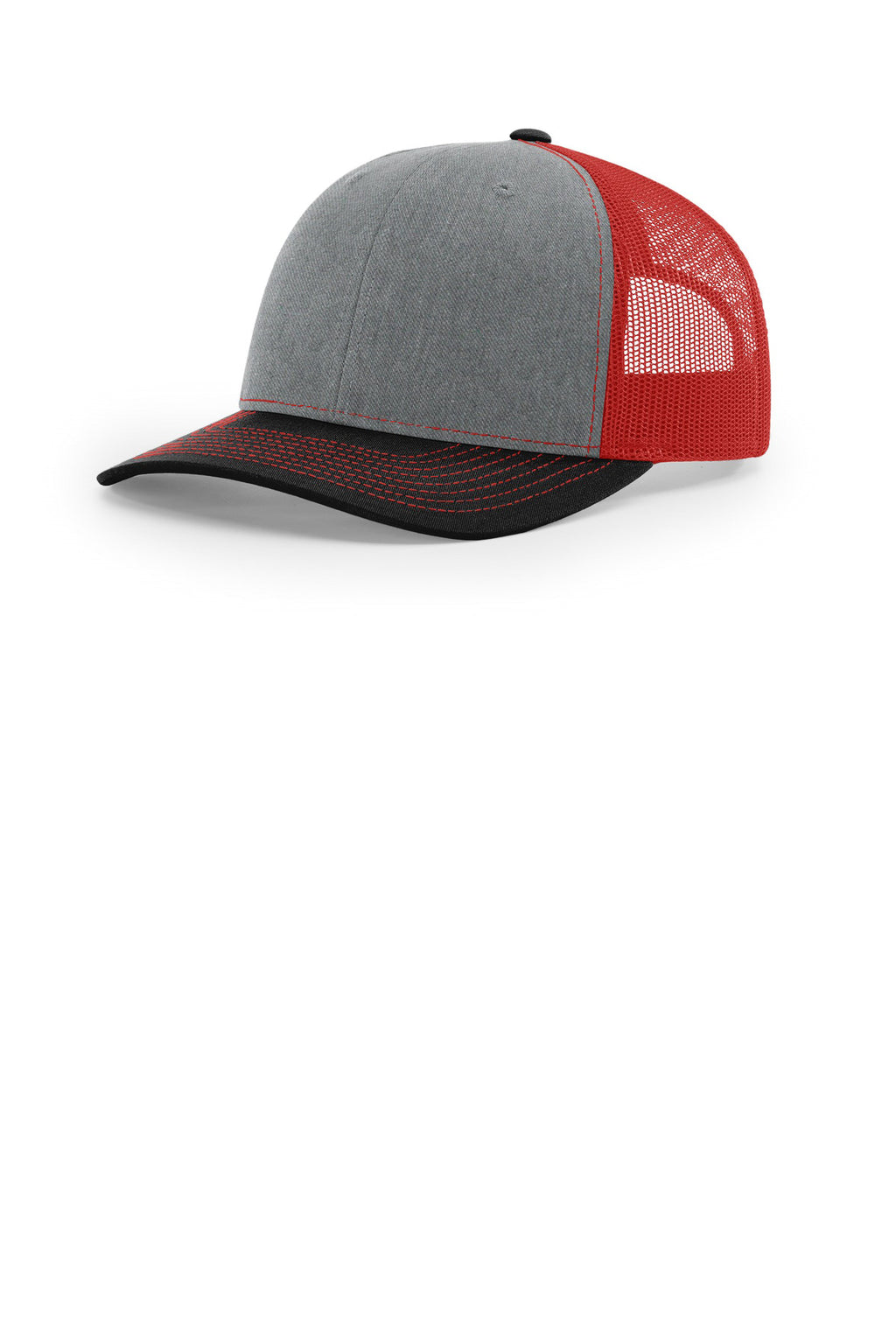 Custom Heather Grey/ Red/ Black Trucker Cap 112, personalized by SanCanDo Swag in Argyle, TX
