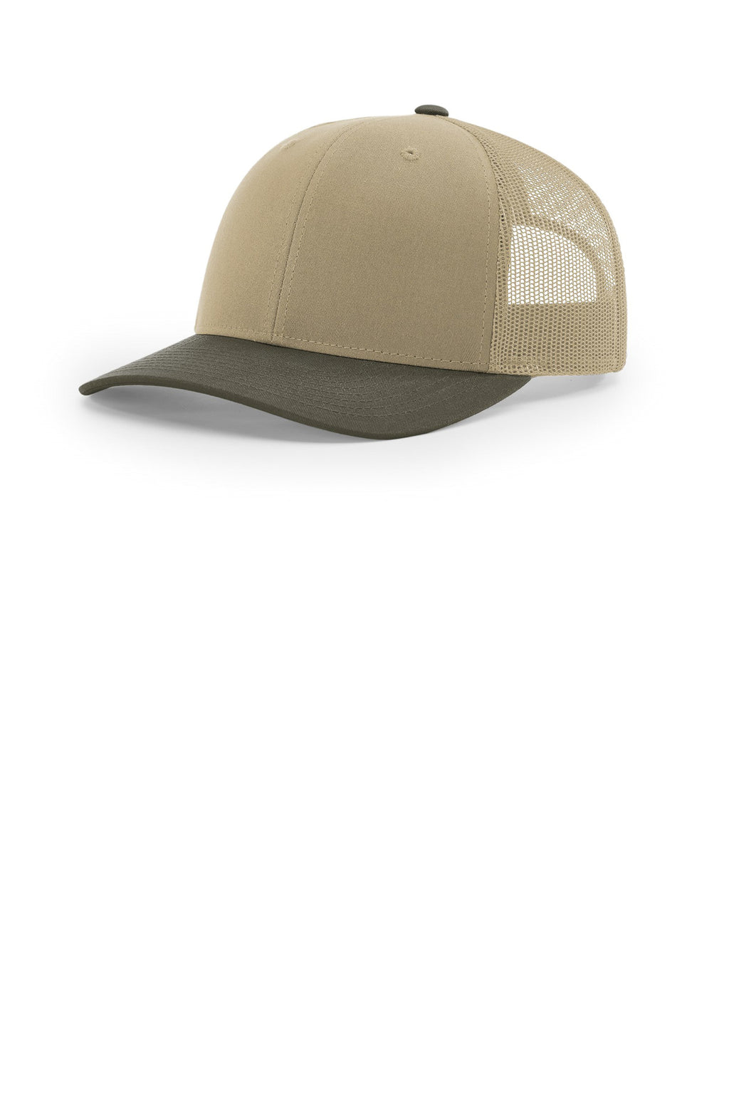 Custom Khaki/ Khaki/ Chocolate Chip Trucker Cap 112, personalized by SanCanDo Swag in Argyle, TX