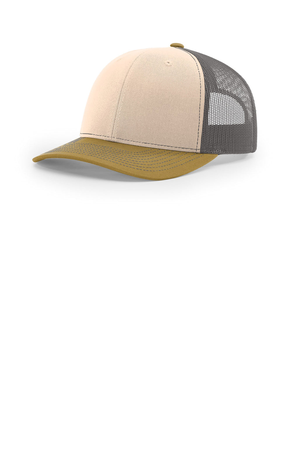 Custom Mink Beige/ Charcoal/ Amber Gold Trucker Cap 112, personalized by SanCanDo Swag in Argyle, TX