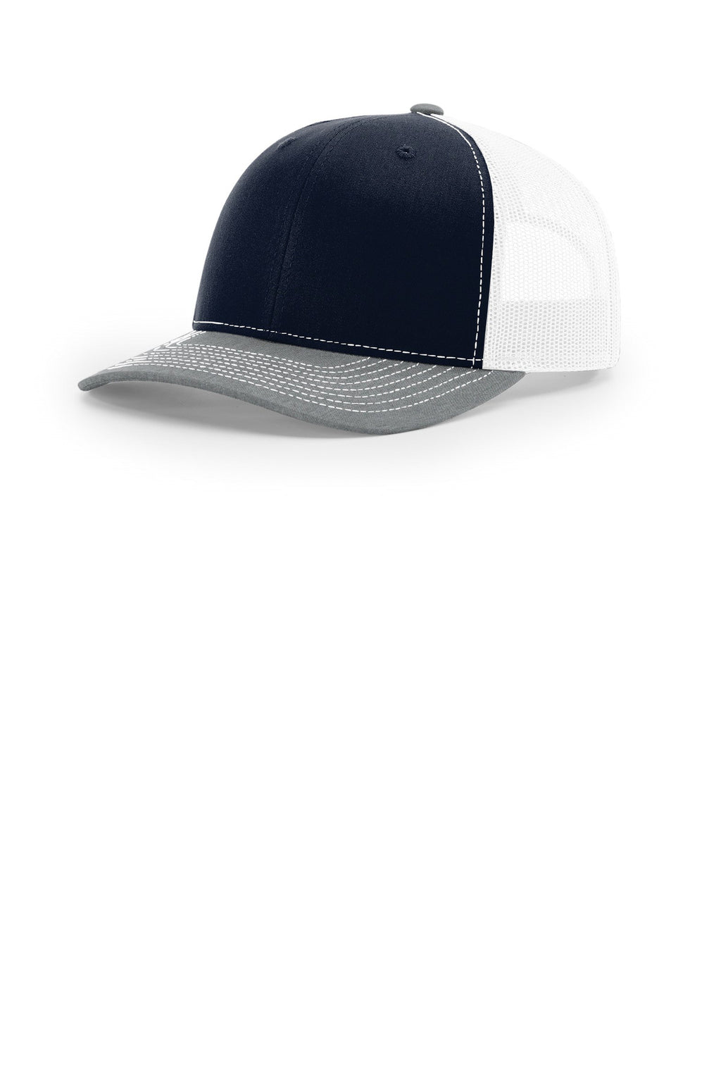 Custom Navy/ White/ Heather Grey Trucker Cap 112, personalized by SanCanDo Swag in Argyle, TX