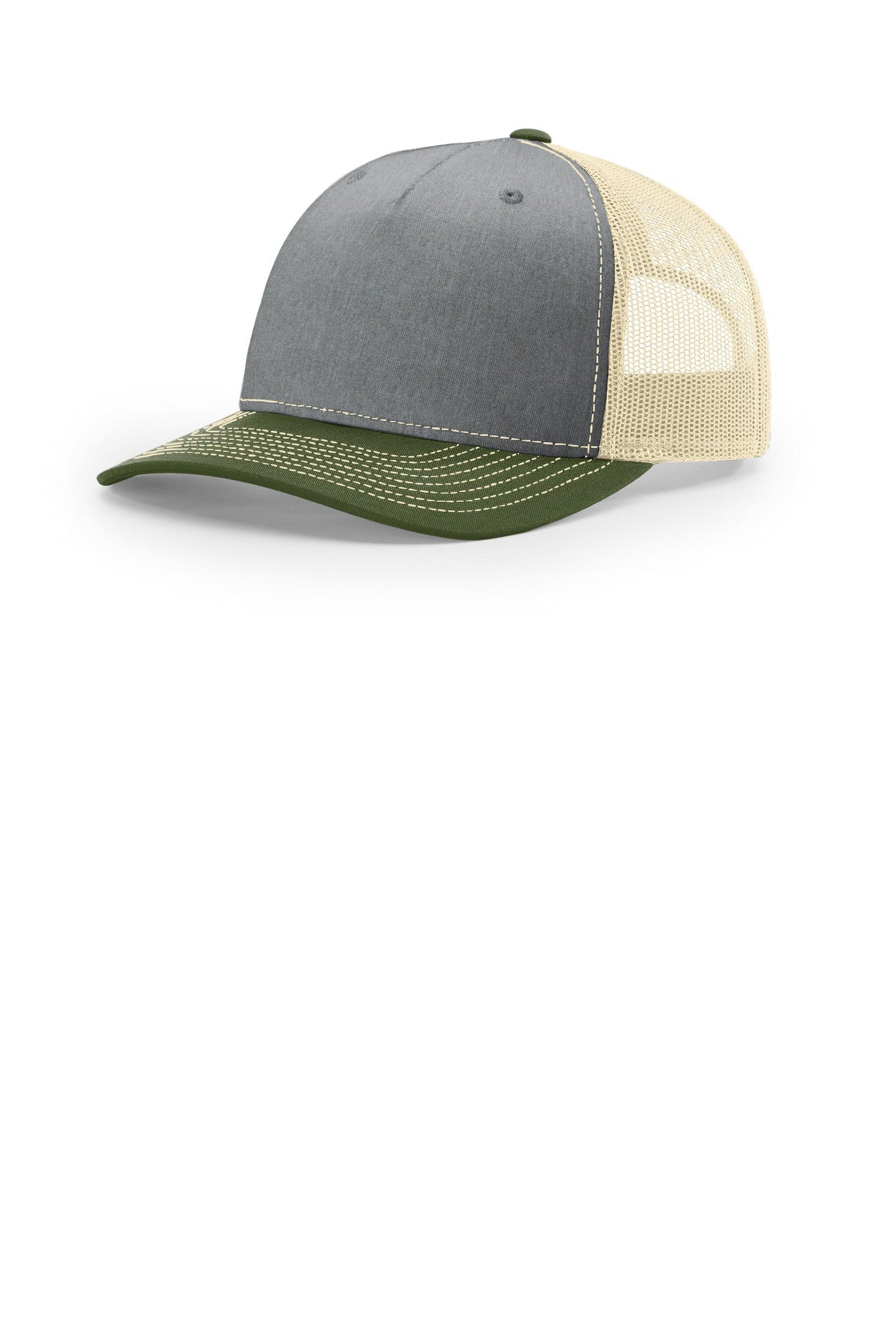 Custom Heather Grey/ Birch/ Army Olive Five-Panel Trucker 112FP, personalized by SanCanDo Swag in Argyle, TX