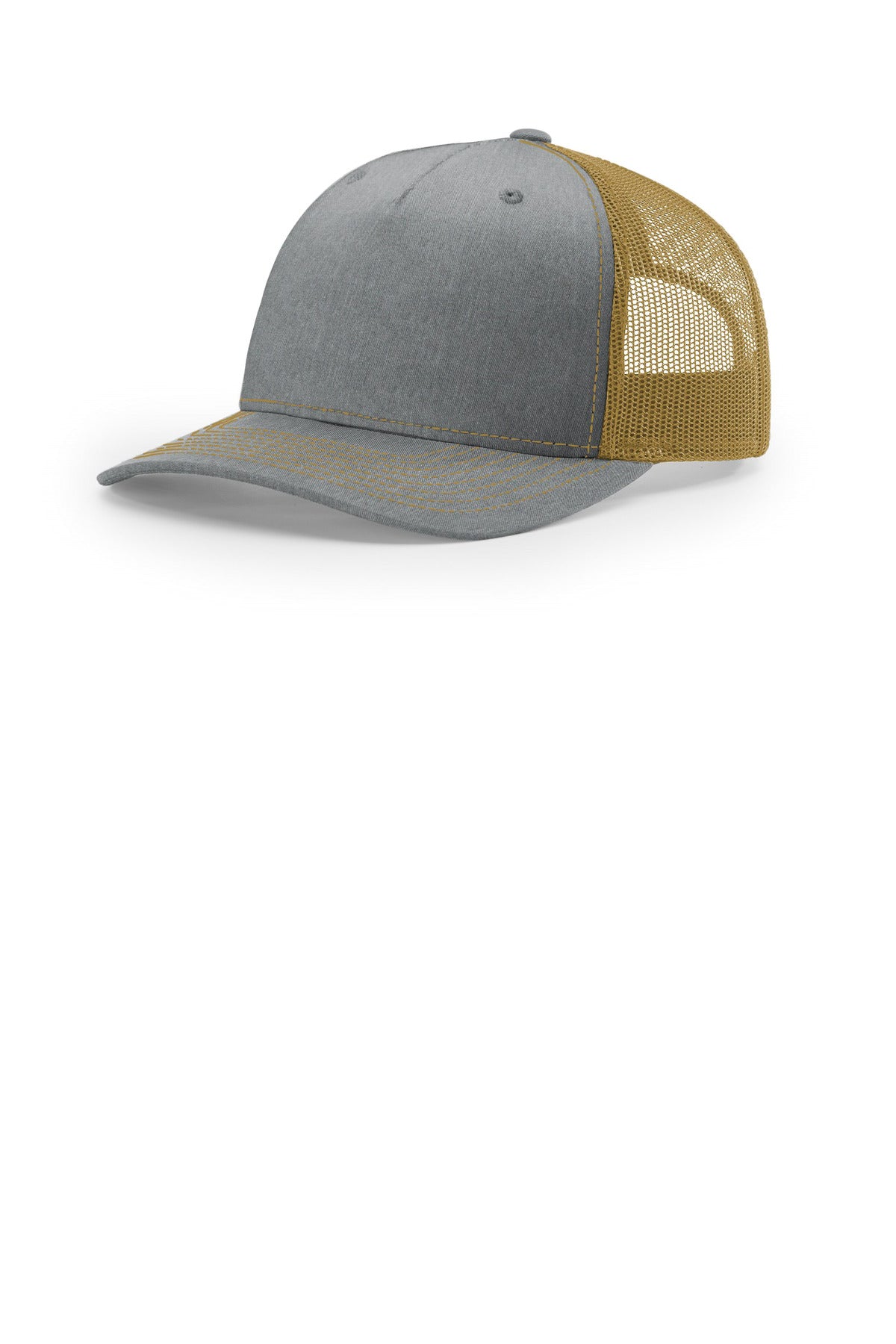 Custom Heather Grey/ Amber Gold Five-Panel Trucker 112FP, personalized by SanCanDo Swag in Argyle, TX