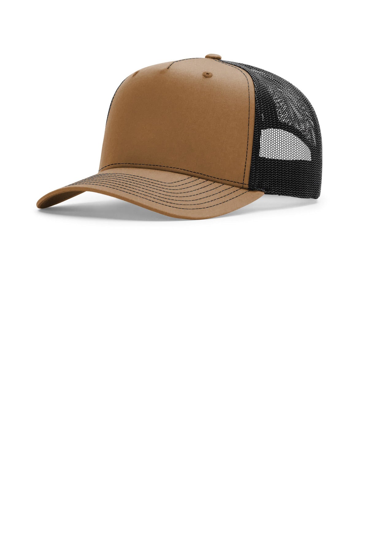 Custom Caramel/ Black Five-Panel Champ Trucker 112FPC, personalized by SanCanDo Swag in Argyle, TX