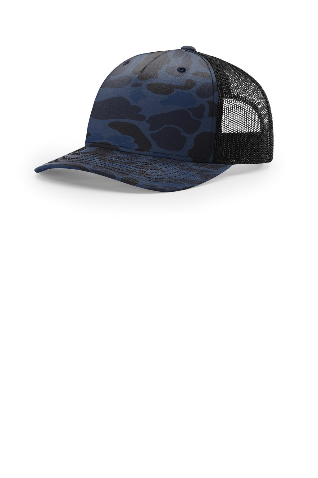Custom Admiral Duck Camo/ Black Printed Five-Panel Trucker 112PFP, personalized by SanCanDo Swag in Argyle, TX
