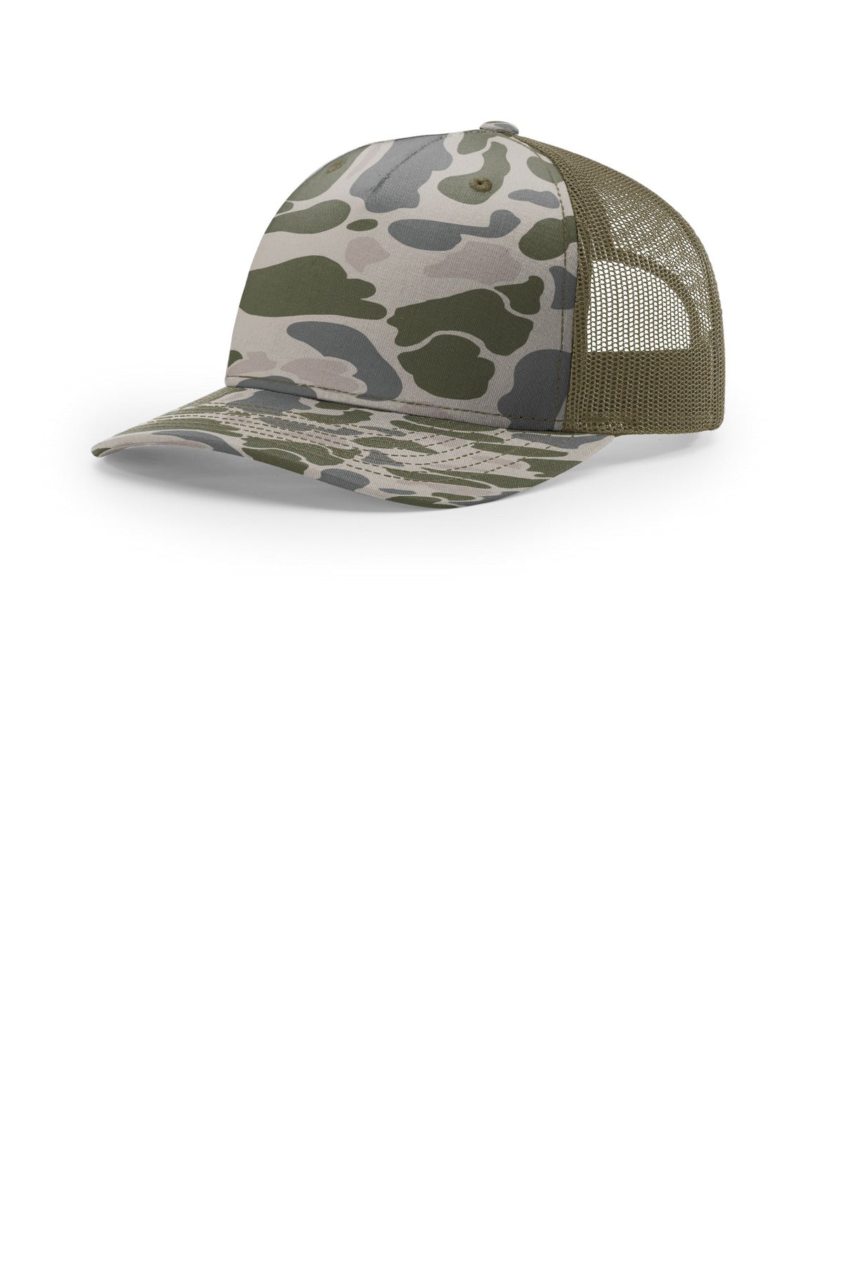 Custom Marsh Duck Camo/ Loden Printed Five-Panel Trucker 112PFP, personalized by SanCanDo Swag in Argyle, TX