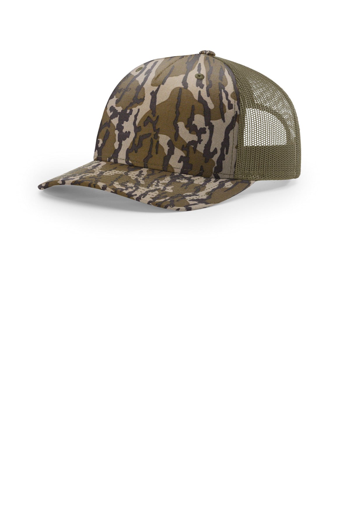 Custom Mossy Oak Bottomland/ Loden Printed Five-Panel Trucker 112PFP, personalized by SanCanDo Swag in Argyle, TX
