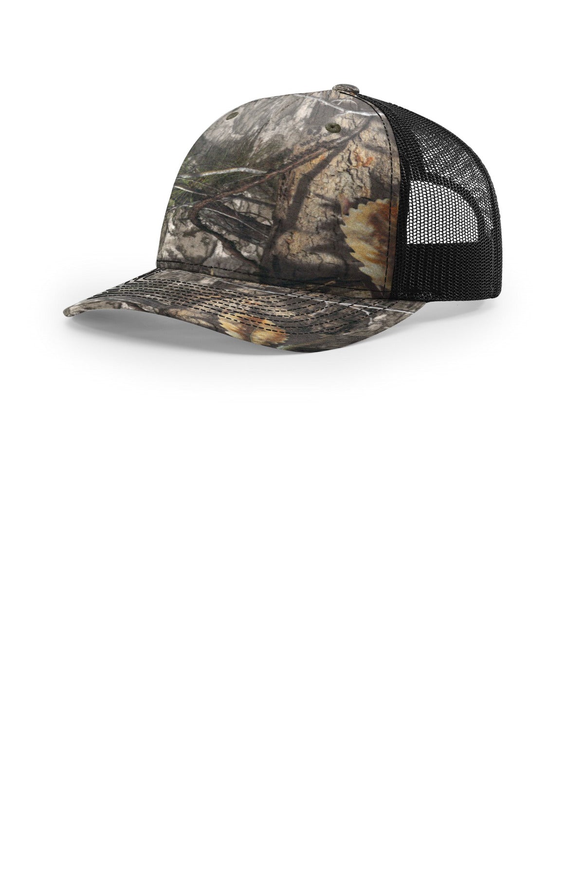 Custom Mossy Oak Country DNA/ Black Printed Five-Panel Trucker 112PFP, personalized by SanCanDo Swag in Argyle, TX