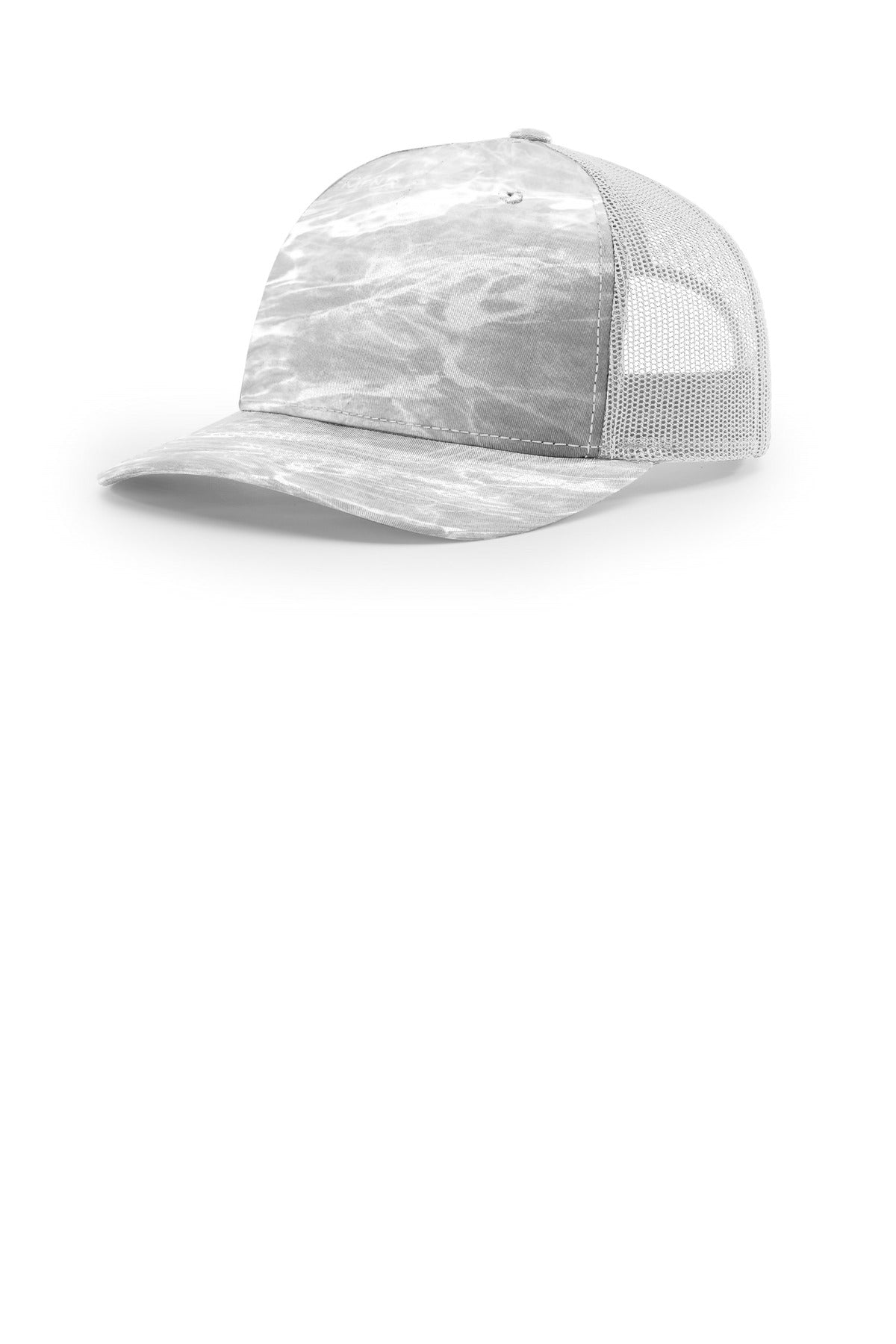 Custom Mossy Oak Elements Bonefish/ Light Grey Printed Five-Panel Trucker 112PFP, personalized by SanCanDo Swag in Argyle, TX
