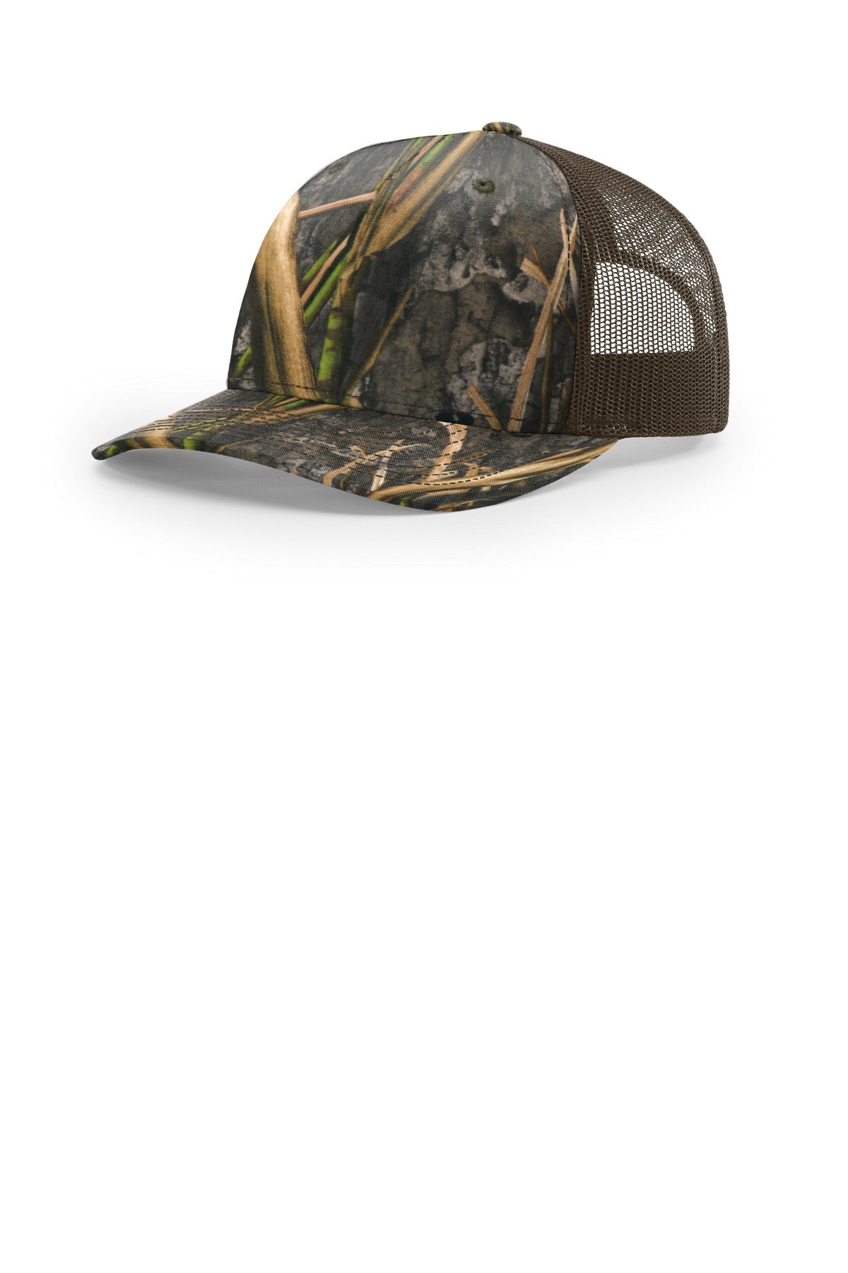 Custom Mossy Oak Habitat/ Brown Printed Five-Panel Trucker 112PFP, personalized by SanCanDo Swag in Argyle, TX