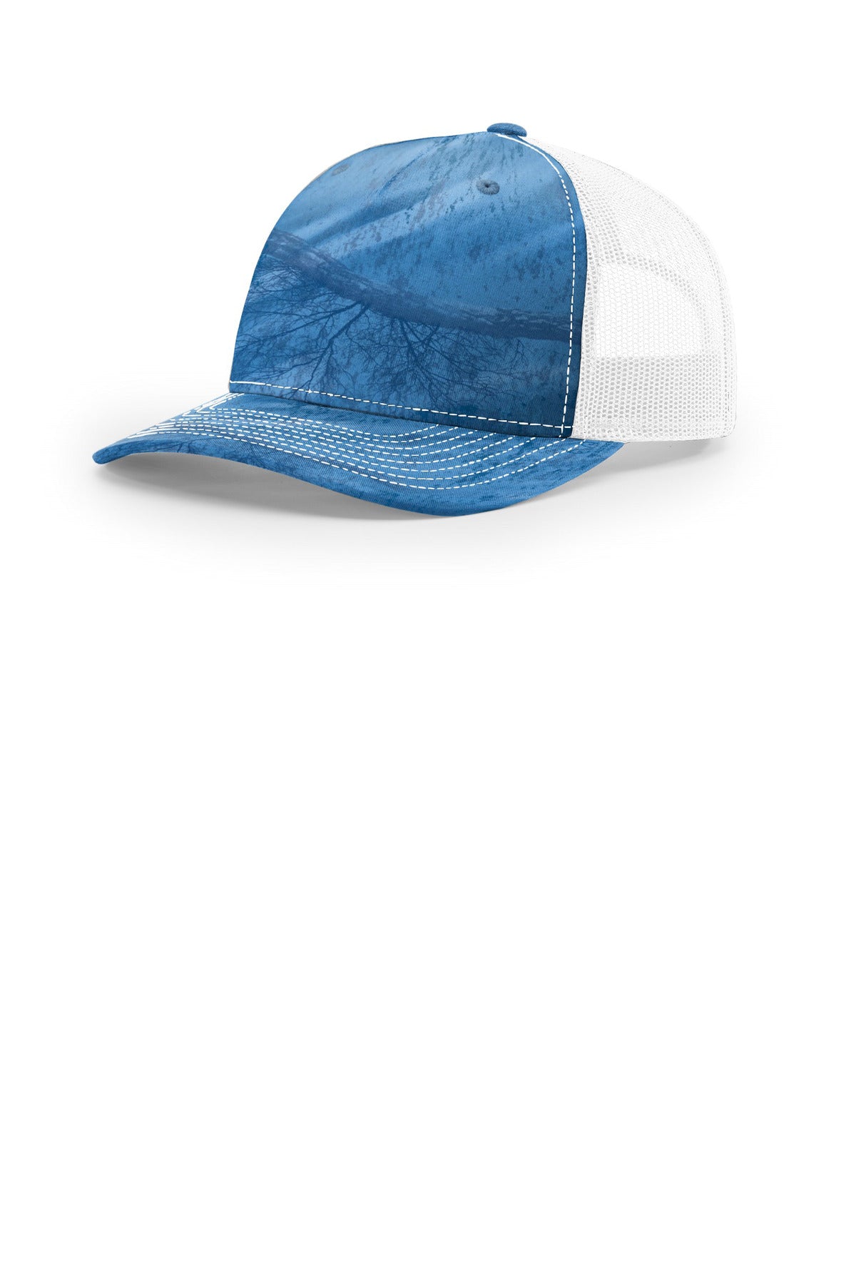 Custom Realtree Fishing Light Blue/ White Printed Five-Panel Trucker 112PFP, personalized by SanCanDo Swag in Argyle, TX