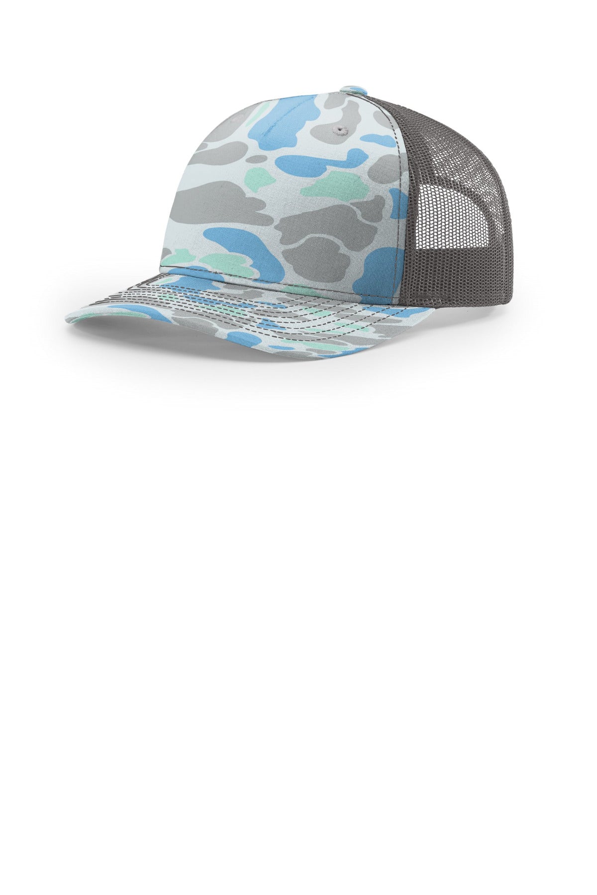 Custom Saltwater Duck Camo/ Charcoal Printed Five-Panel Trucker 112PFP, personalized by SanCanDo Swag in Argyle, TX