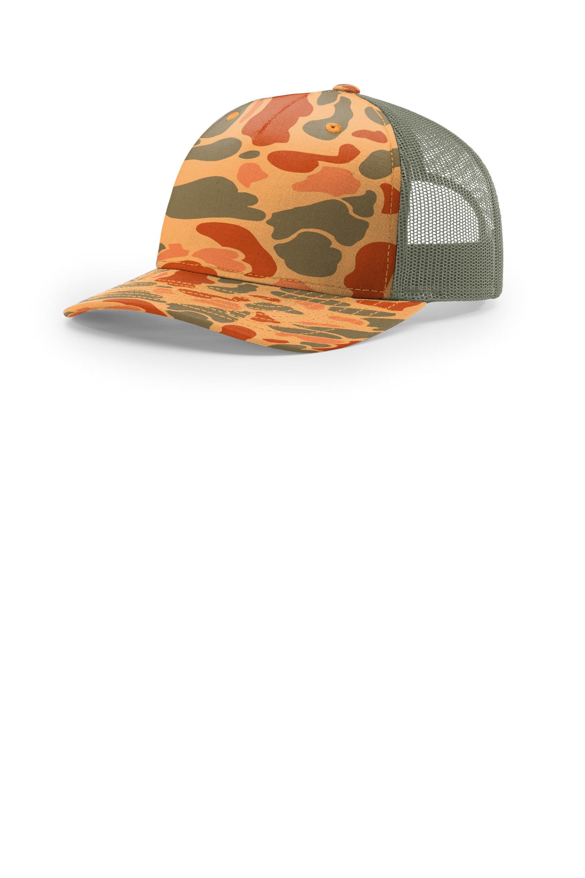 Custom Sienna Duck Camo/ Loden Printed Five-Panel Trucker 112PFP, personalized by SanCanDo Swag in Argyle, TX