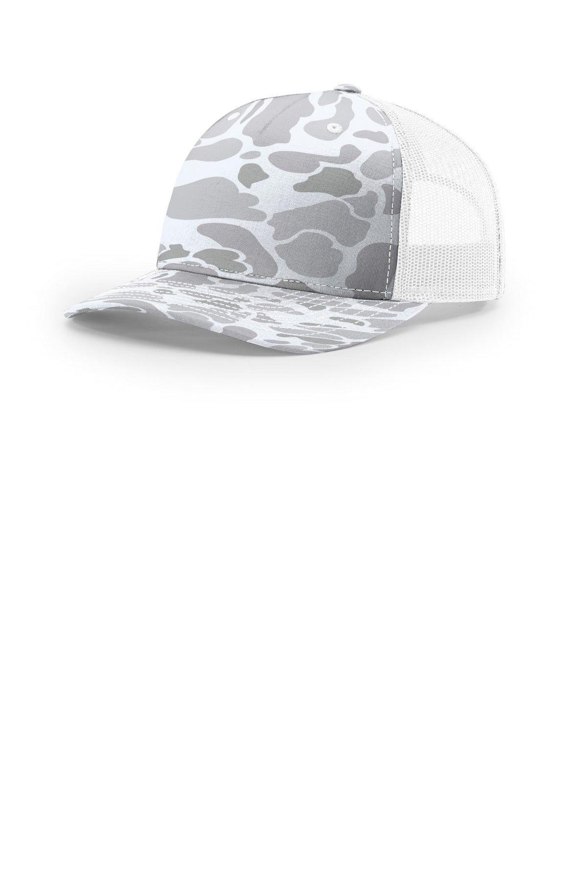 Custom Blizzard Duck Camo/ White Printed Five-Panel Trucker 112PFP, personalized by SanCanDo Swag in Argyle, TX
