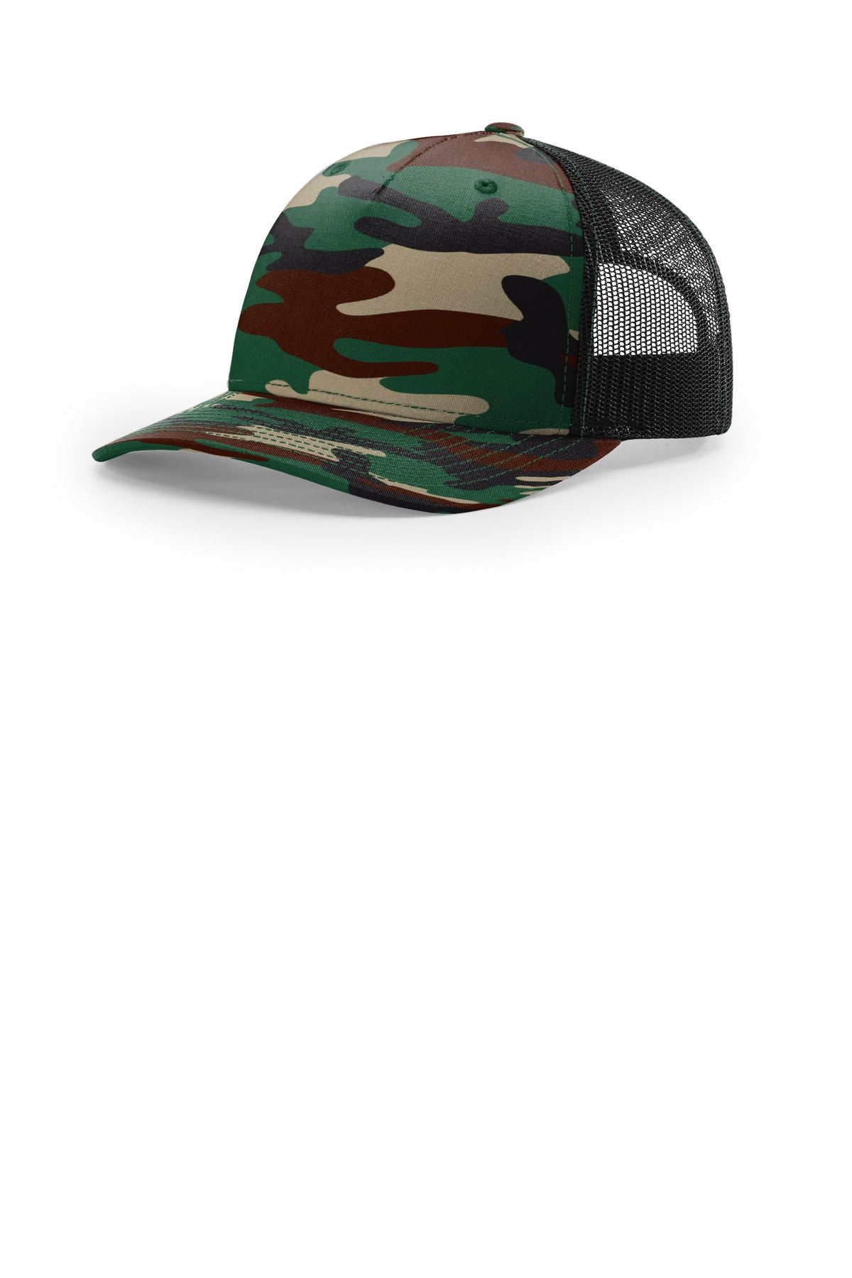 Custom Green Camo/ Black Printed Five-Panel Trucker 112PFP, personalized by SanCanDo Swag in Argyle, TX