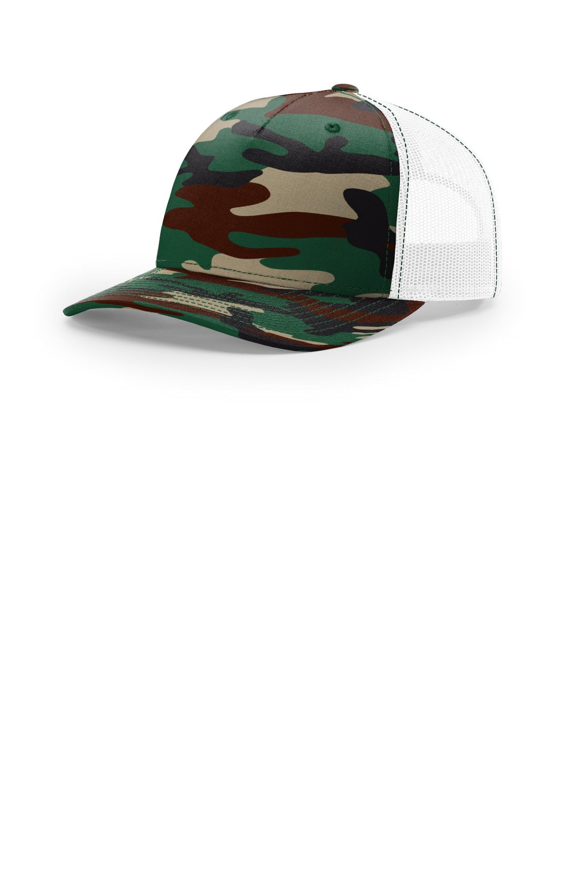 Custom Green Camo/ White Printed Five-Panel Trucker 112PFP, personalized by SanCanDo Swag in Argyle, TX