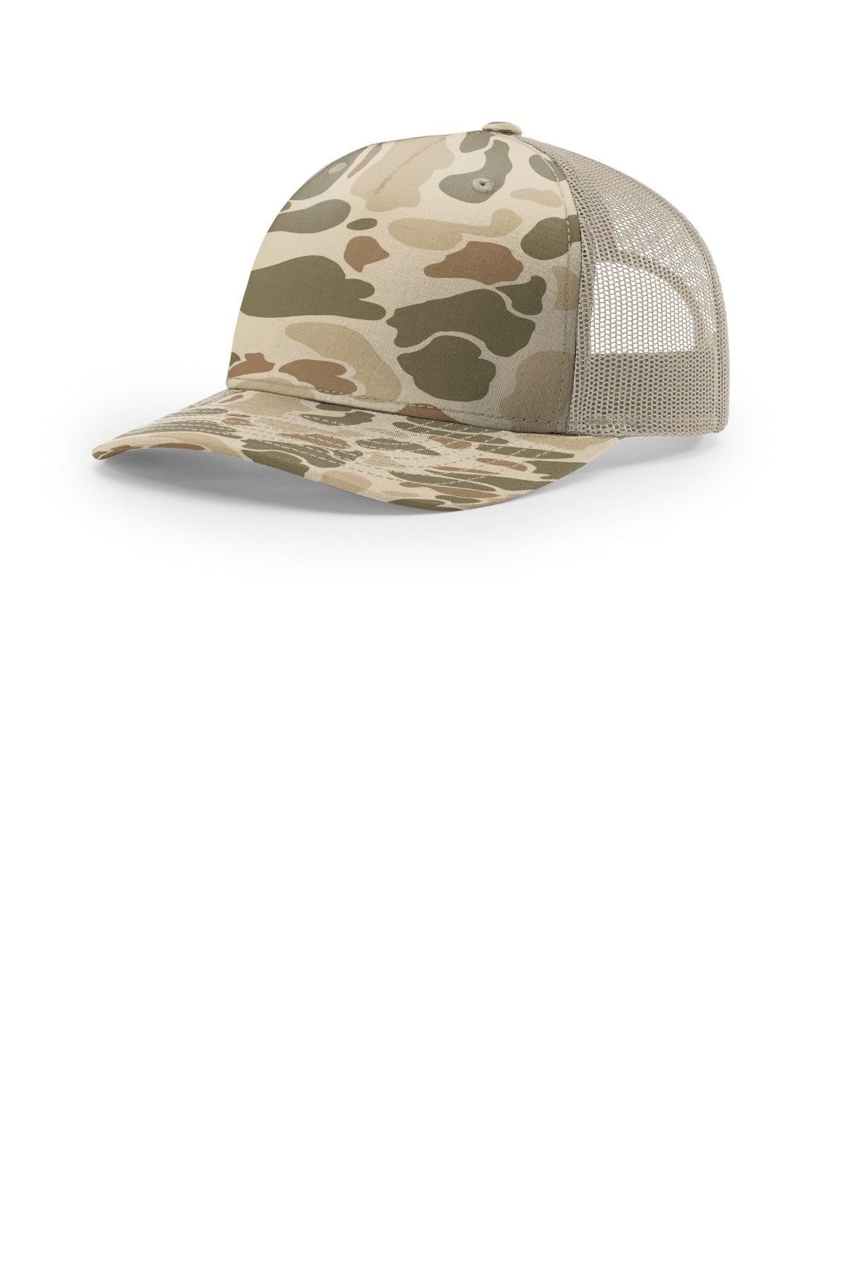 Custom Harvest Duck Camo/ Light Tan Printed Five-Panel Trucker 112PFP, personalized by SanCanDo Swag in Argyle, TX