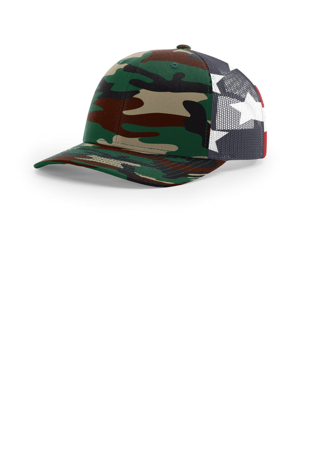 Custom Green Camo/ Stars Stripes Printed Mesh Trucker 112PM, personalized by SanCanDo Swag in Argyle, TX