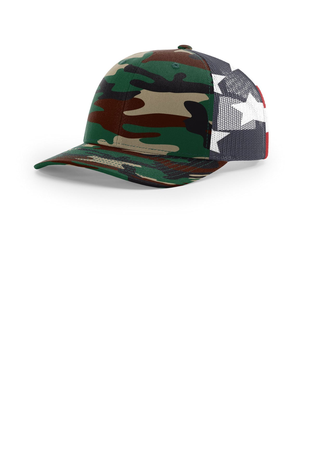 Custom Green Camo/ Stars Stripes Printed Mesh Trucker 112PM, personalized by SanCanDo Swag in Argyle, TX
