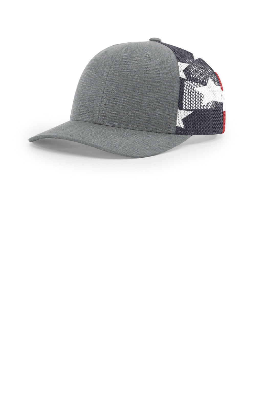Custom Heather Grey/ Stars Stripes Printed Mesh Trucker 112PM, personalized by SanCanDo Swag in Argyle, TX