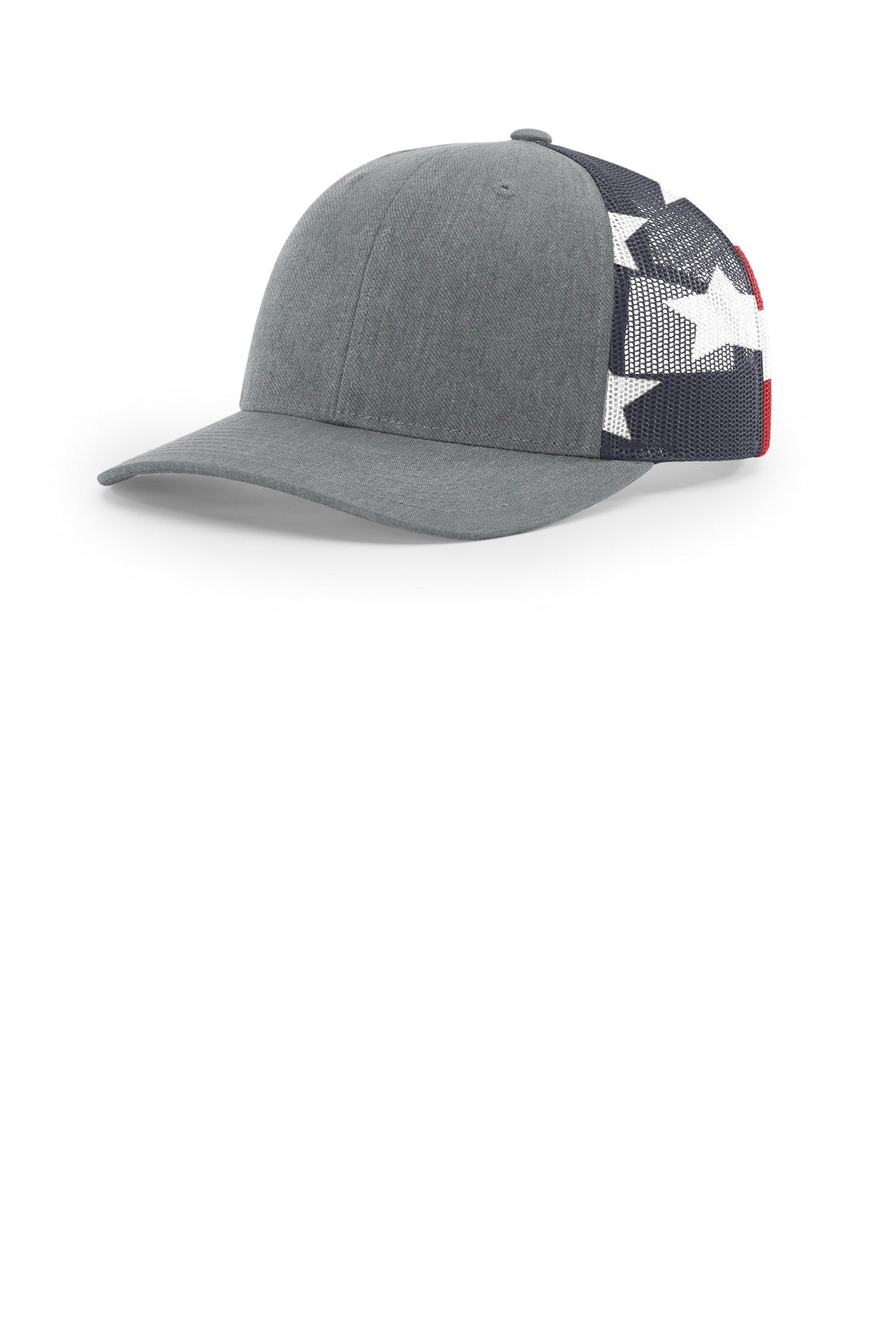 Custom Heather Grey/ Stars Stripes Printed Mesh Trucker 112PM, personalized by SanCanDo Swag in Argyle, TX