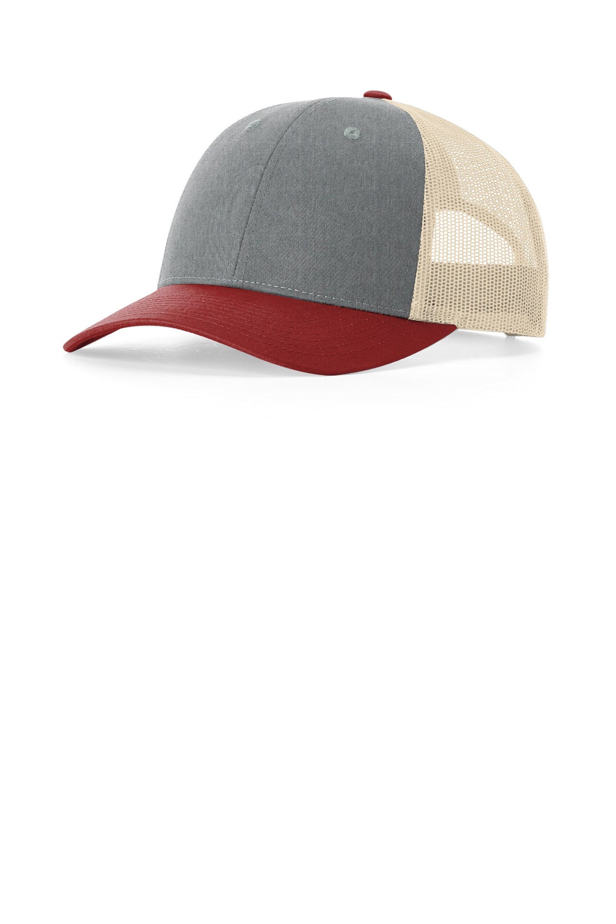 Custom Heather Grey/ Birch/ Cardinal Low Pro Trucker 115, personalized by SanCanDo Swag in Argyle, TX