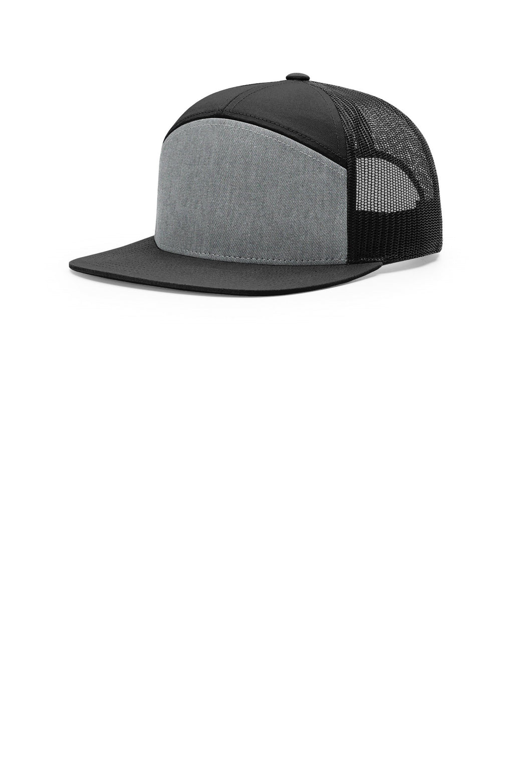 Custom Heather Grey/ Black/ Black 7-Panel Trucker 168, personalized by SanCanDo Swag in Argyle, TX