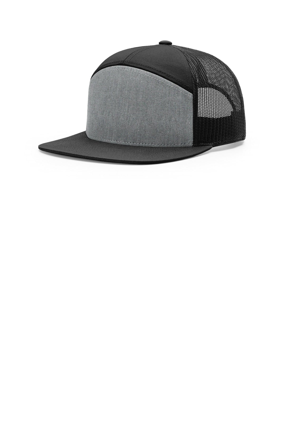 Custom Heather Grey/ Black/ Black 7-Panel Trucker 168, personalized by SanCanDo Swag in Argyle, TX