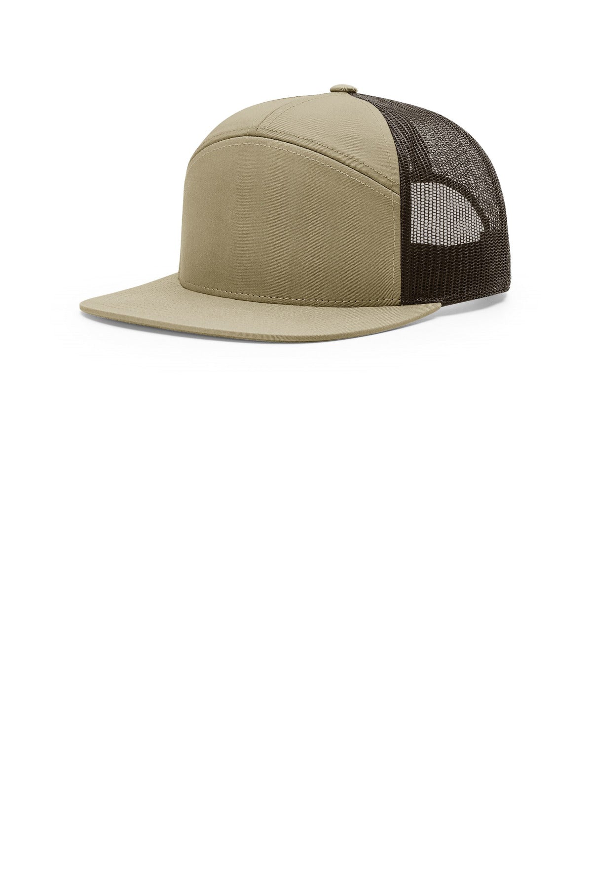 Custom Pale Khaki/ Brown 7-Panel Trucker 168, personalized by SanCanDo Swag in Argyle, TX