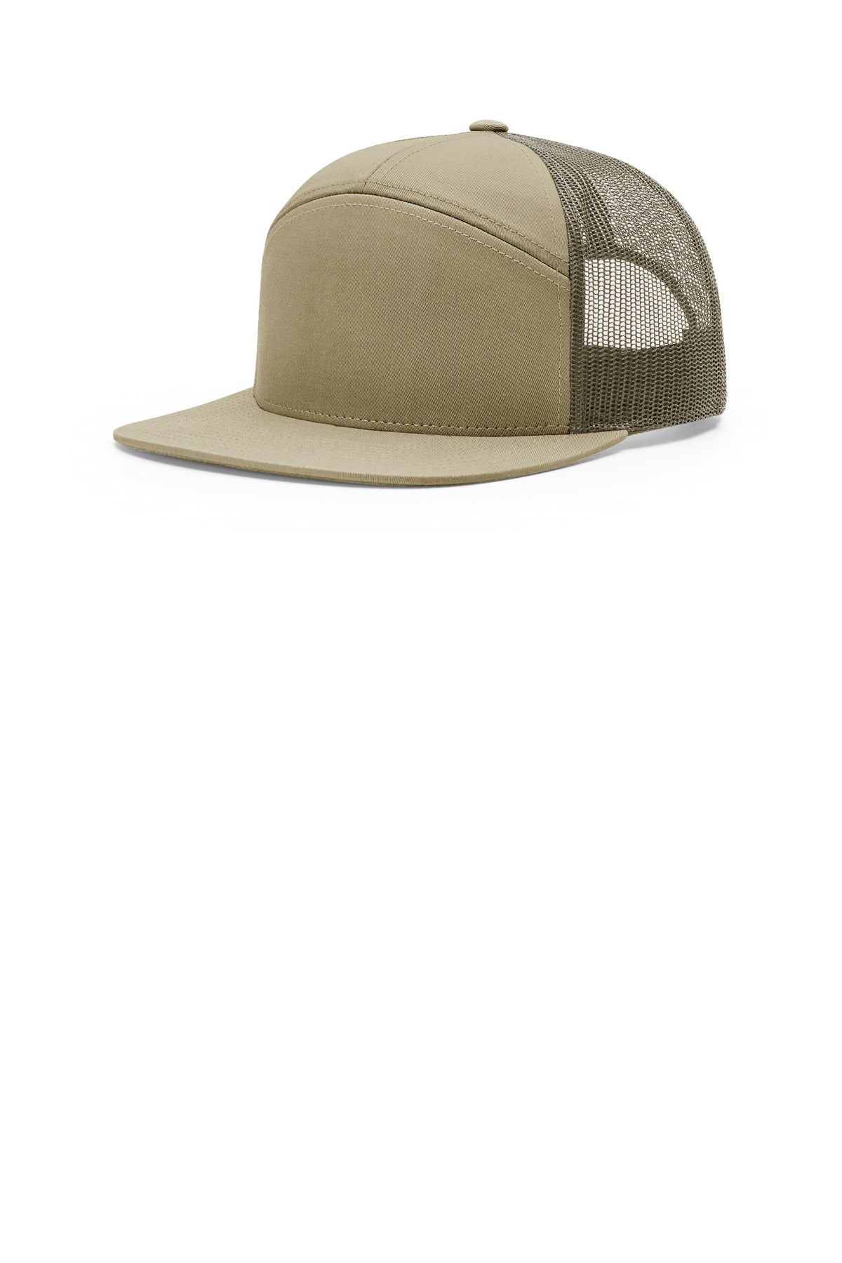 Custom Pale Khaki/ Loden 7-Panel Trucker 168, personalized by SanCanDo Swag in Argyle, TX