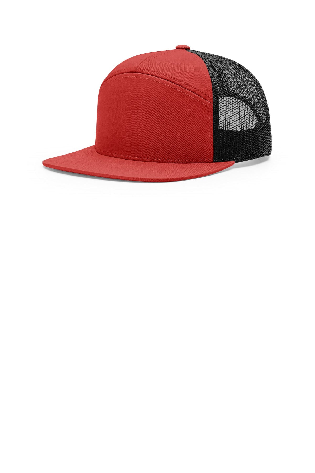 Custom Red/ Black 7-Panel Trucker 168, personalized by SanCanDo Swag in Argyle, TX