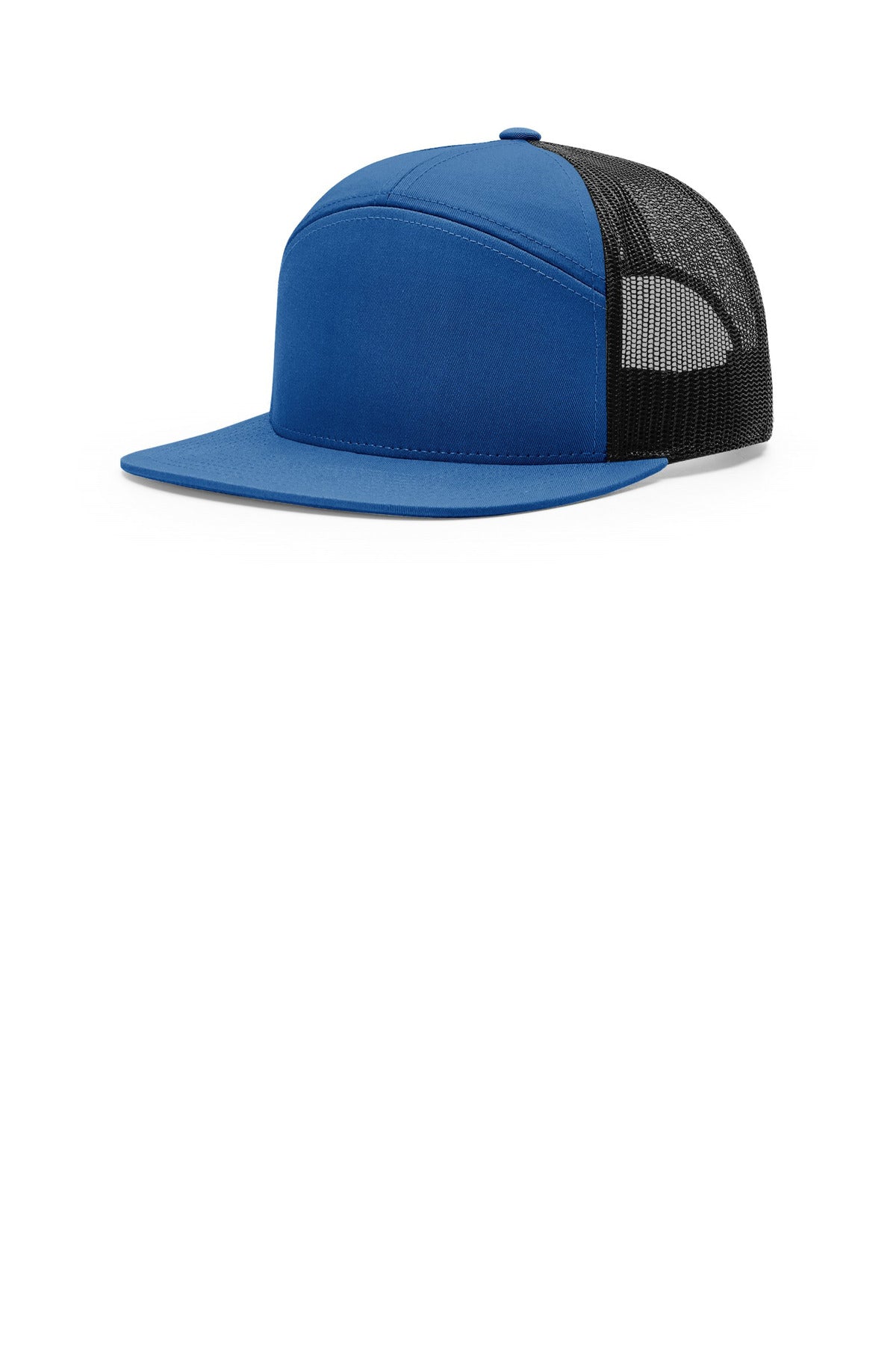Custom Royal/ Black 7-Panel Trucker 168, personalized by SanCanDo Swag in Argyle, TX