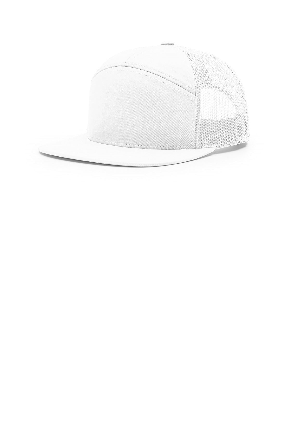 Custom White 7-Panel Trucker 168, personalized by SanCanDo Swag in Argyle, TX