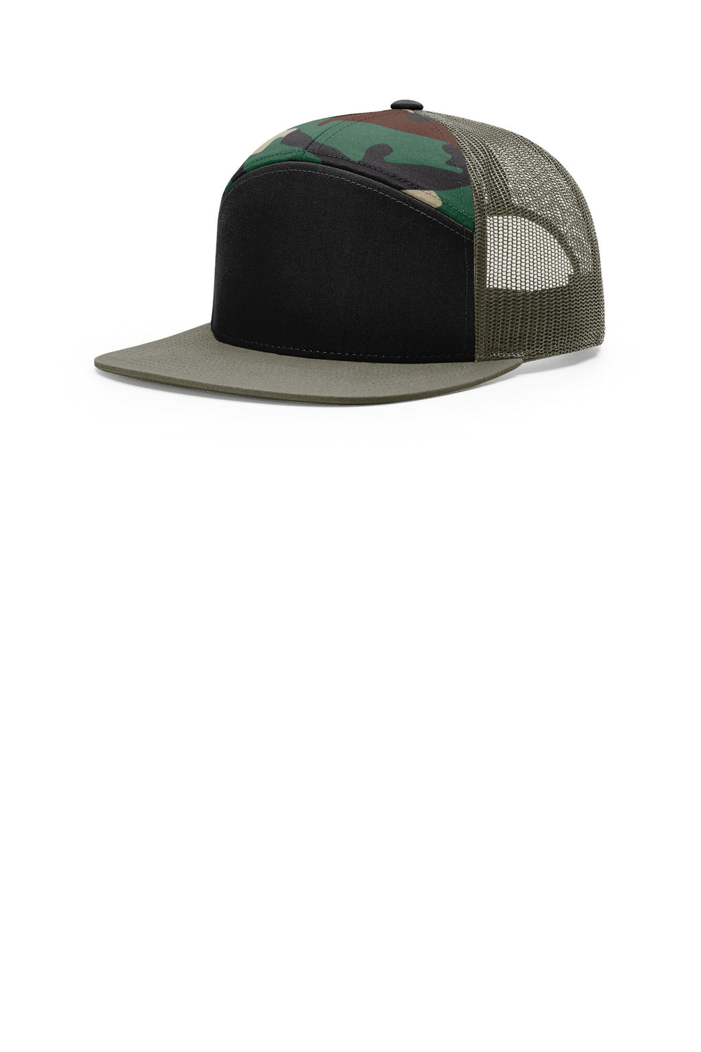 Custom Black/ Green Camo/ Loden 7-Panel Trucker 168, personalized by SanCanDo Swag in Argyle, TX