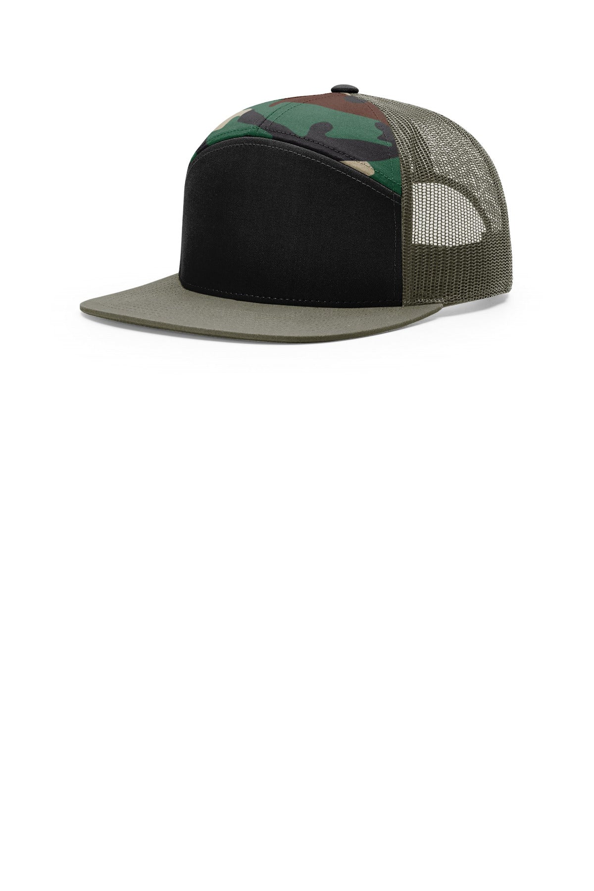 Custom Black/ Green Camo/ Loden 7-Panel Trucker 168, personalized by SanCanDo Swag in Argyle, TX
