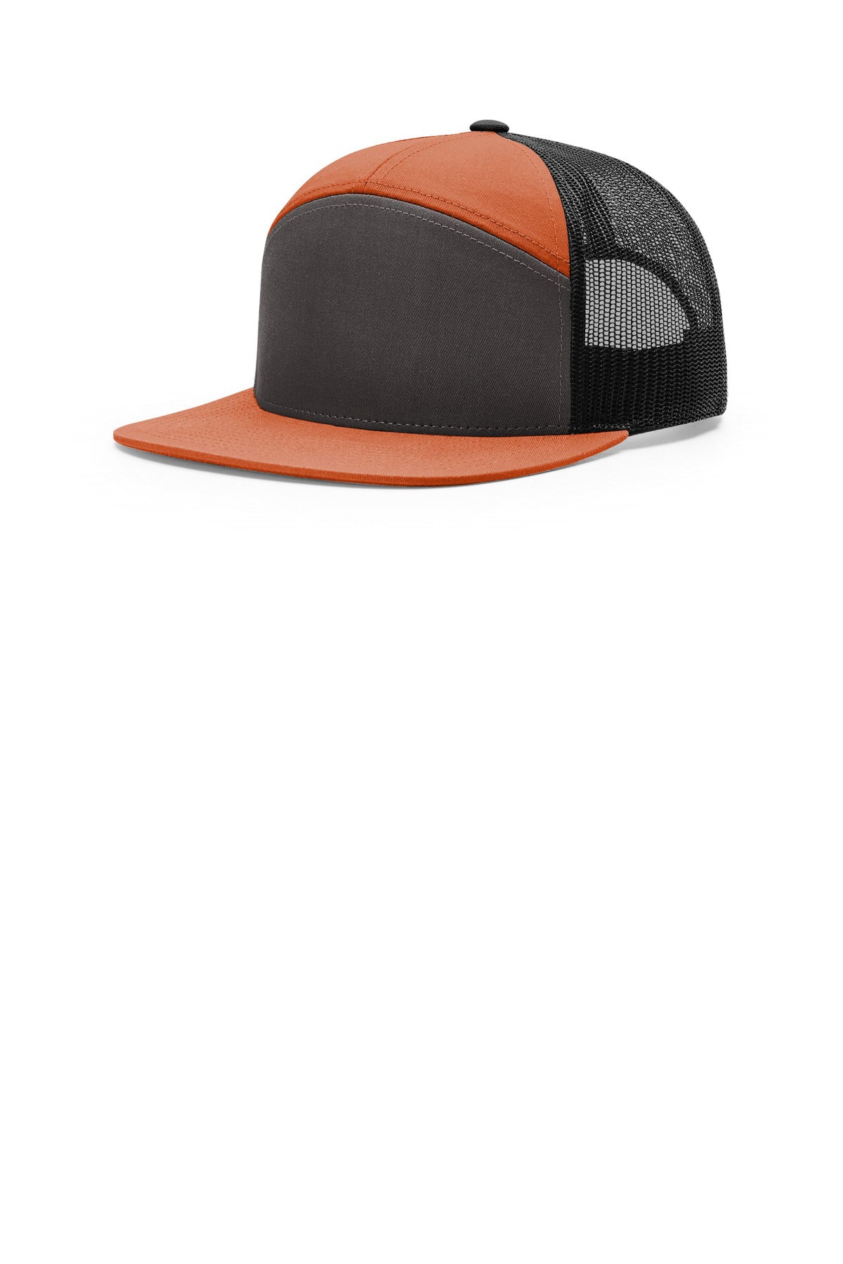 Custom Charcoal/ Burnt Orange/ Black 7-Panel Trucker 168, personalized by SanCanDo Swag in Argyle, TX
