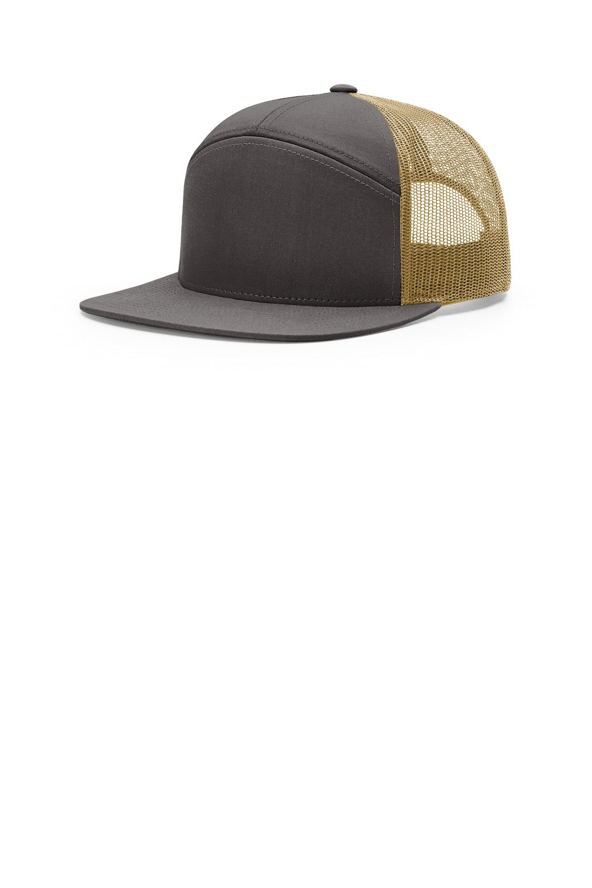 Custom Charcoal/ Old Gold 7-Panel Trucker 168, personalized by SanCanDo Swag in Argyle, TX