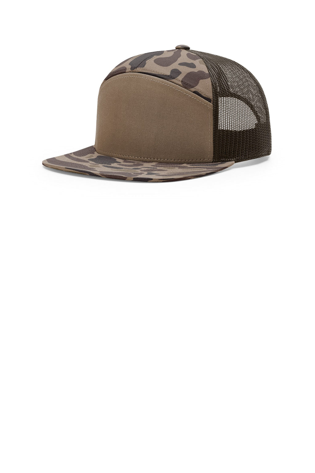 Custom Bark Duck Camo/ Brown Printed 7-Panel Trucker 168P, personalized by SanCanDo Swag in Argyle, TX