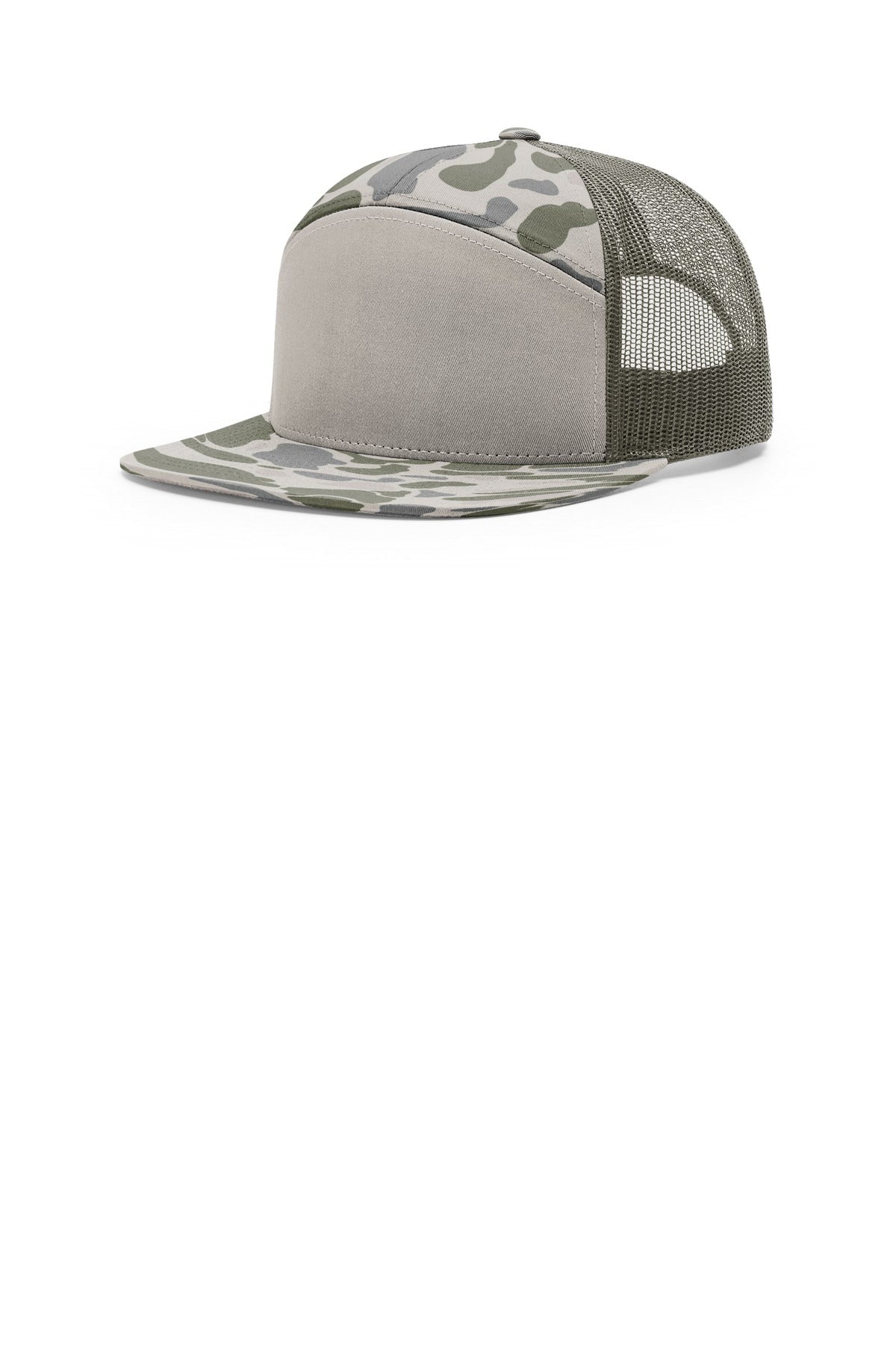 Custom Marsh Duck Camo/ Loden Printed 7-Panel Trucker 168P, personalized by SanCanDo Swag in Argyle, TX