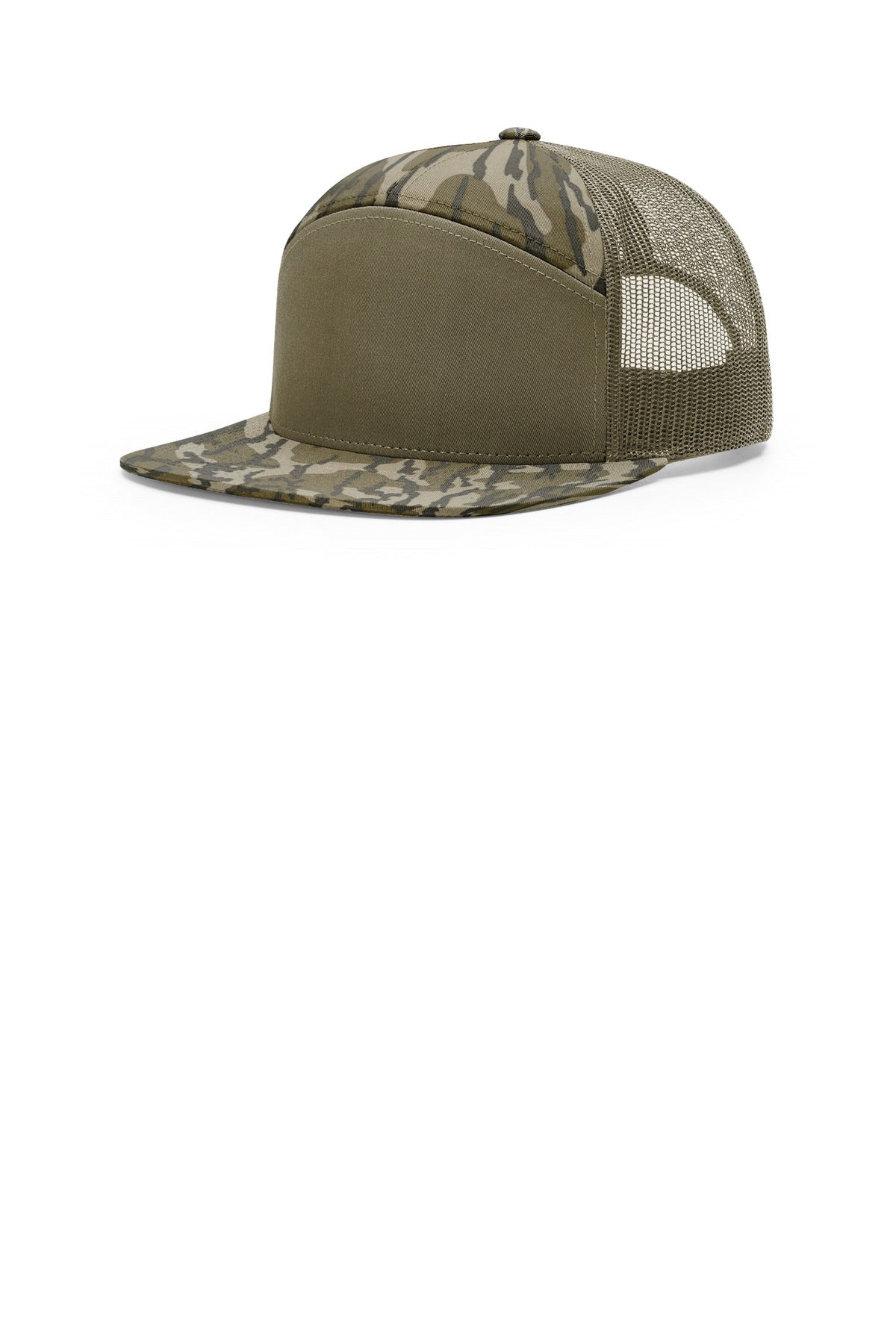 Custom Mossy Oak Bottomland/ Loden Printed 7-Panel Trucker 168P, personalized by SanCanDo Swag in Argyle, TX