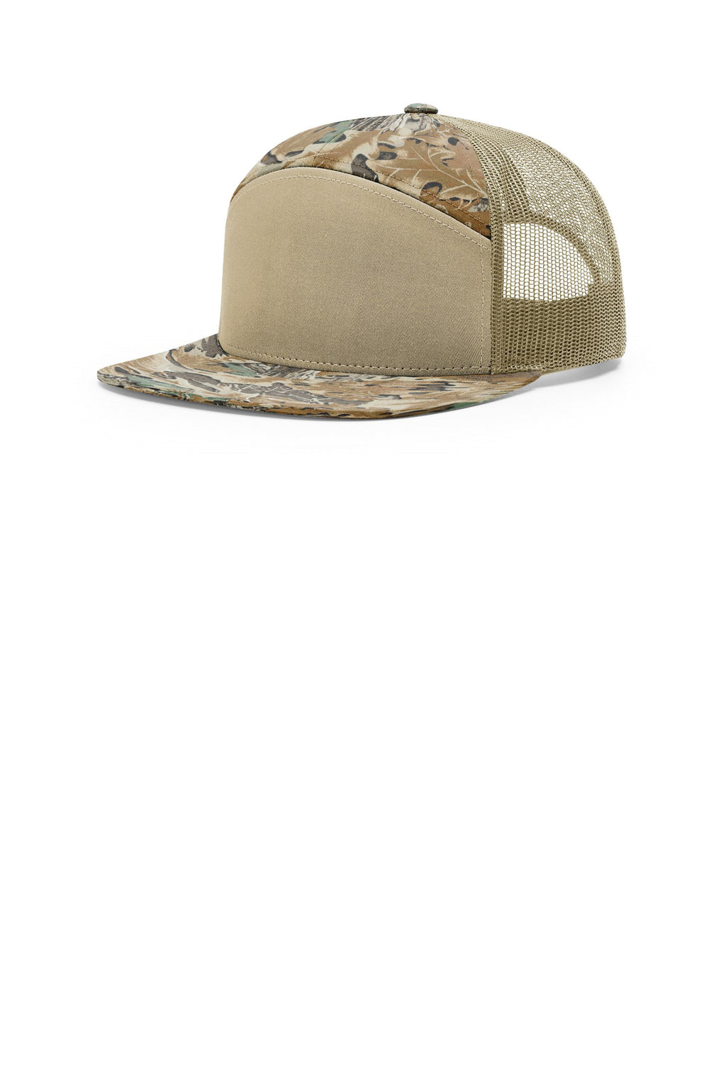 Custom Realtree Advantage/ Khaki Printed 7-Panel Trucker 168P, personalized by SanCanDo Swag in Argyle, TX